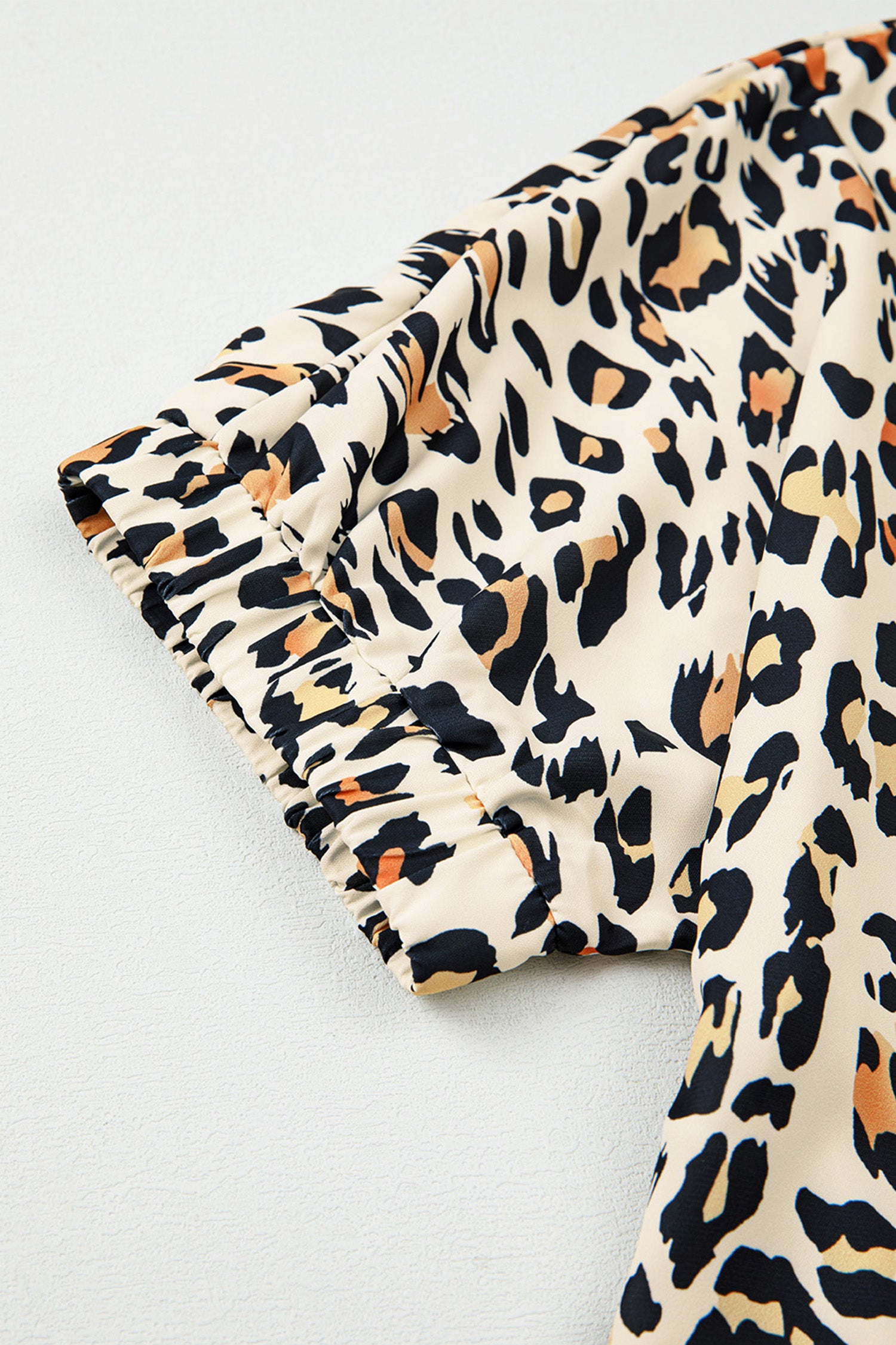 Khaki Leopard Color Block Contrast Striped V Neck Half Sleeve Loose Fit Blouse-Tops/Blouses & Shirts-[Adult]-[Female]-2022 Online Blue Zone Planet
