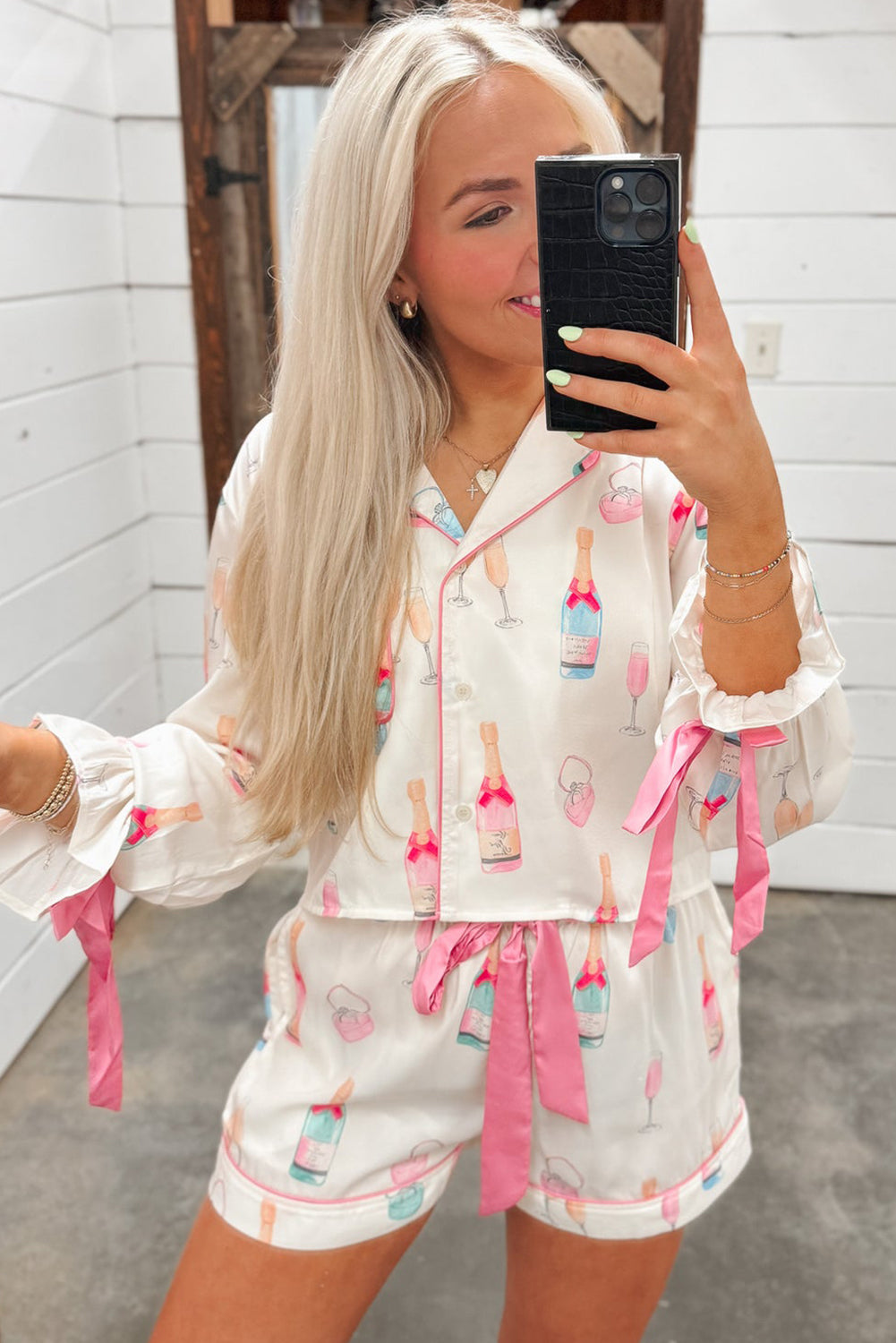 White Christmas Wine Glass Print Bow Knot Two Piece Pajama Set-Loungewear & Sleepwear/Sleepwear-[Adult]-[Female]-2022 Online Blue Zone Planet