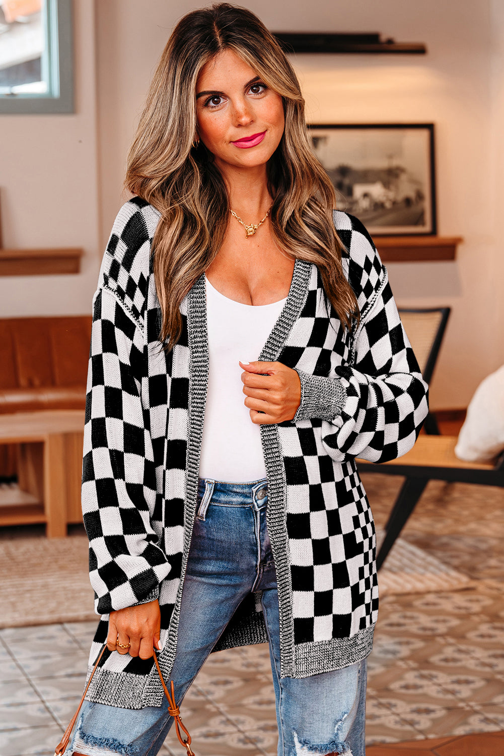 Black Checkered Open Front Drop Shoulder Cardigan-Sweaters & Cardigans/Cardigans-[Adult]-[Female]-2022 Online Blue Zone Planet