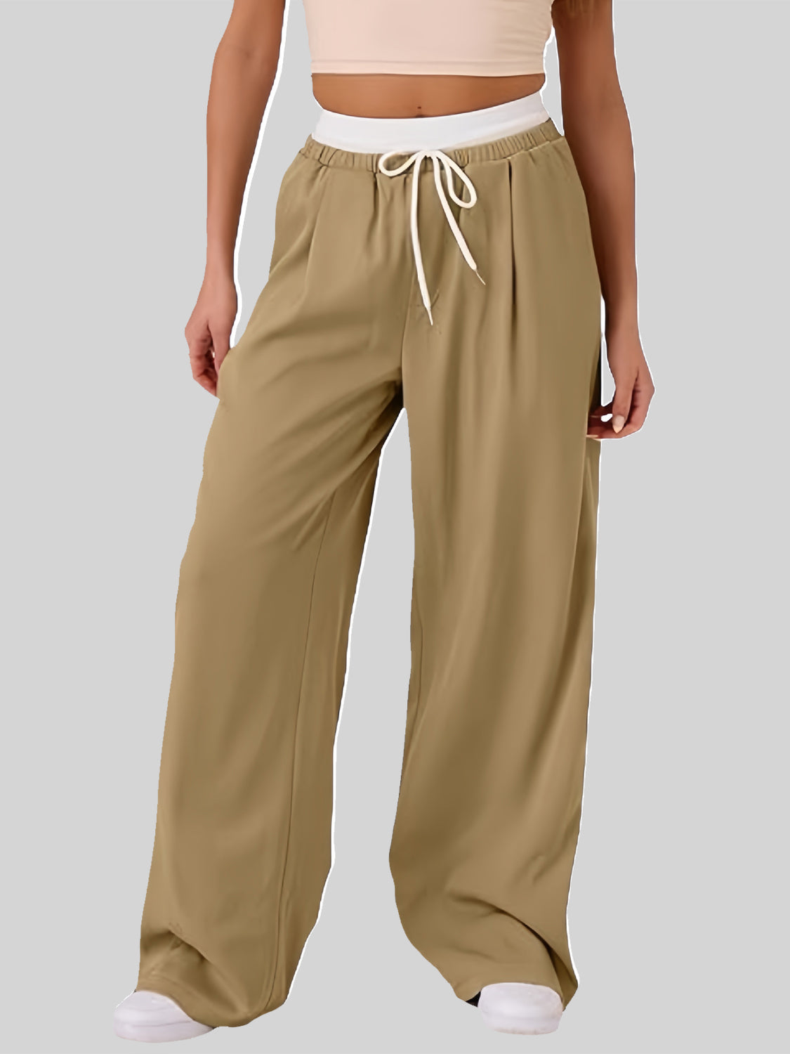 Contrast Waistband Drawstring Wide Leg Pants-BOTTOMS SIZES SMALL MEDIUM LARGE-[Adult]-[Female]-Camel-S-2022 Online Blue Zone Planet