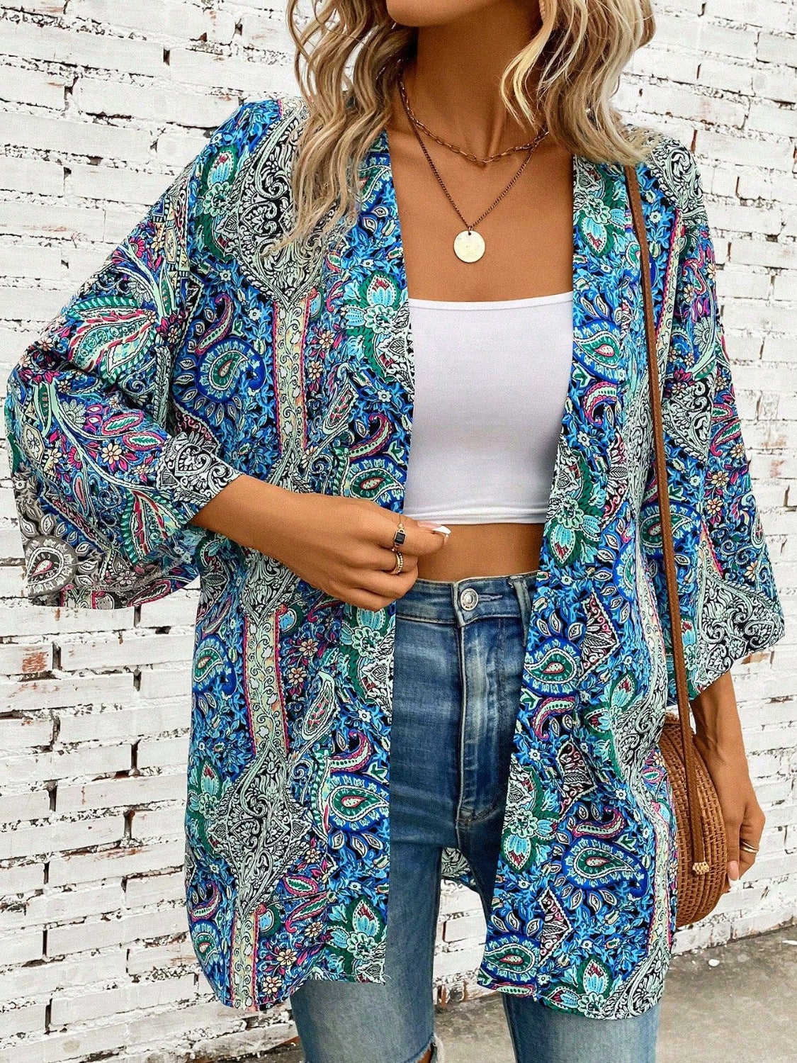 Printed Open Front Three-Quarter Sleeve Cover Up-TOPS / DRESSES-[Adult]-[Female]-Teal-One Size-2022 Online Blue Zone Planet