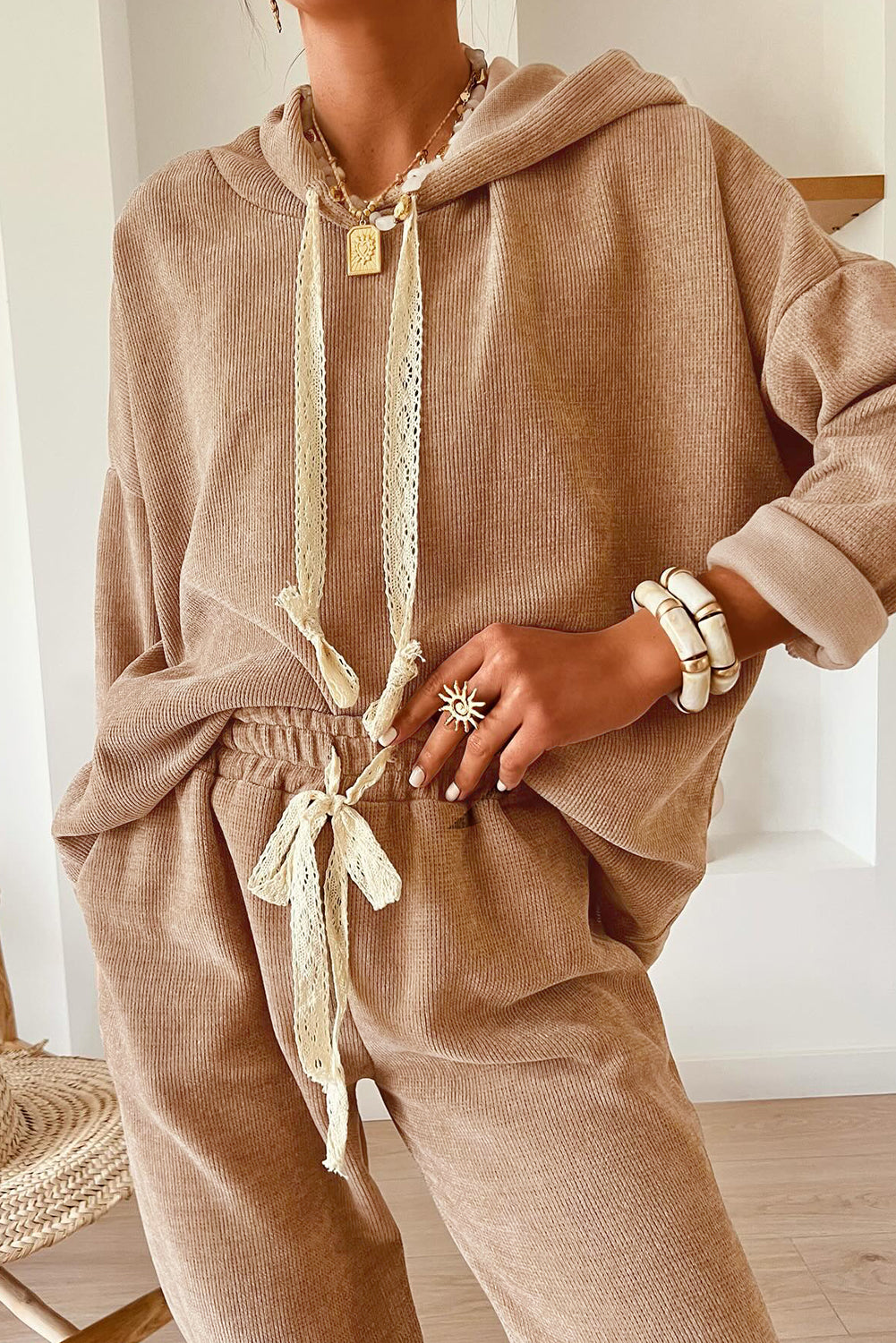 Casual Lace Drawstring Pullover Hoodie and High Waist Pants Corduroy Suit-Tops / Dresses-[Adult]-[Female]-2022 Online Blue Zone Planet