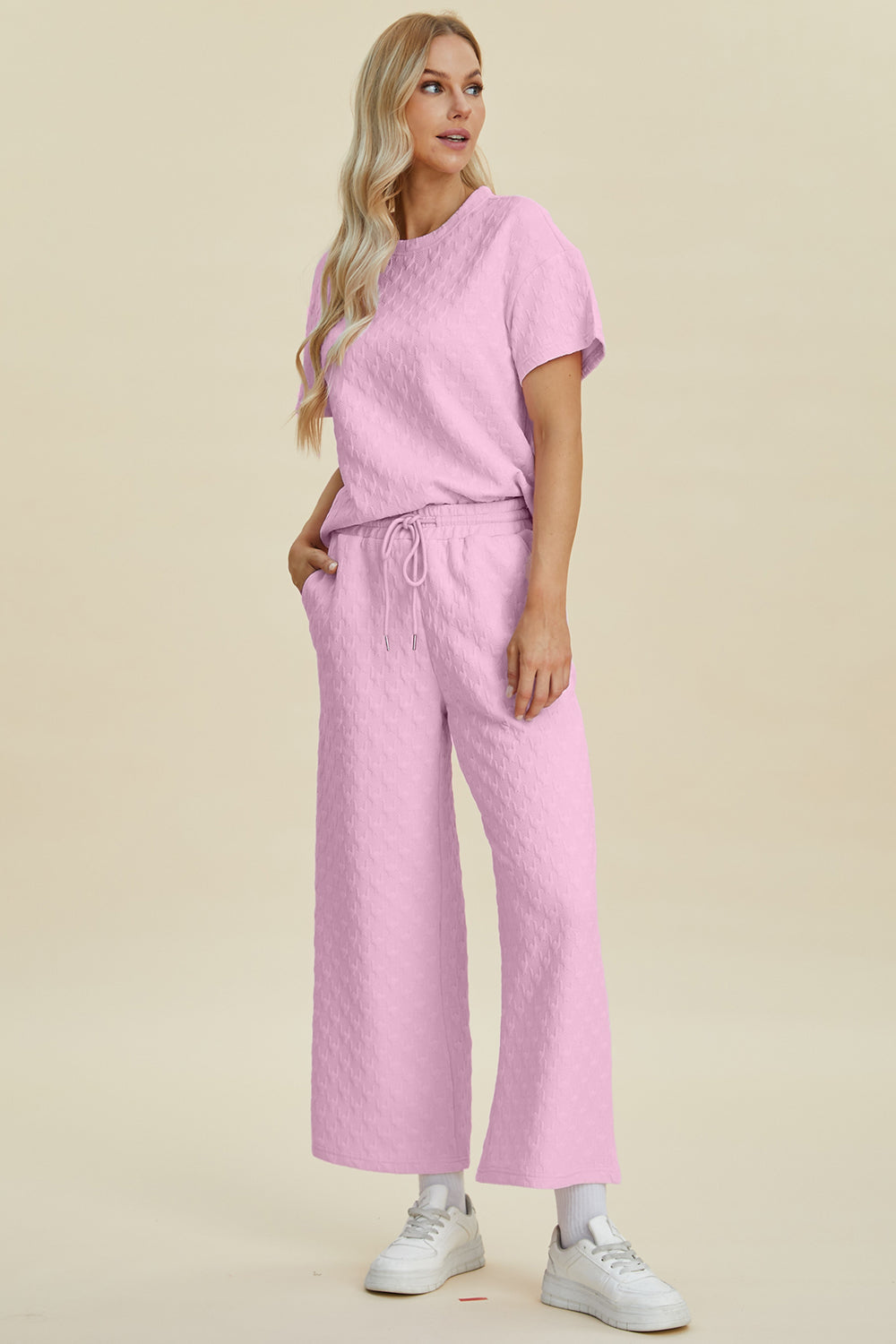 Blue Zone Planet | Double Take Full Size Texture Round Neck Short Sleeve Top and Pants Set-TOPS / DRESSES-[Adult]-[Female]-2022 Online Blue Zone Planet