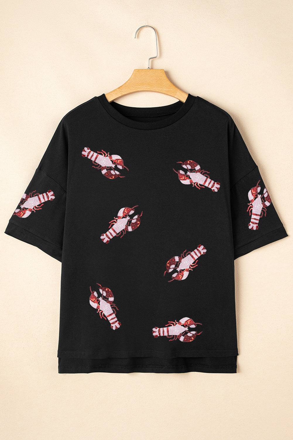 Black Sequin Crayfish Graphic Drop Sleeve High Low Tee-Graphic/Graphic Tees-[Adult]-[Female]-2022 Online Blue Zone Planet