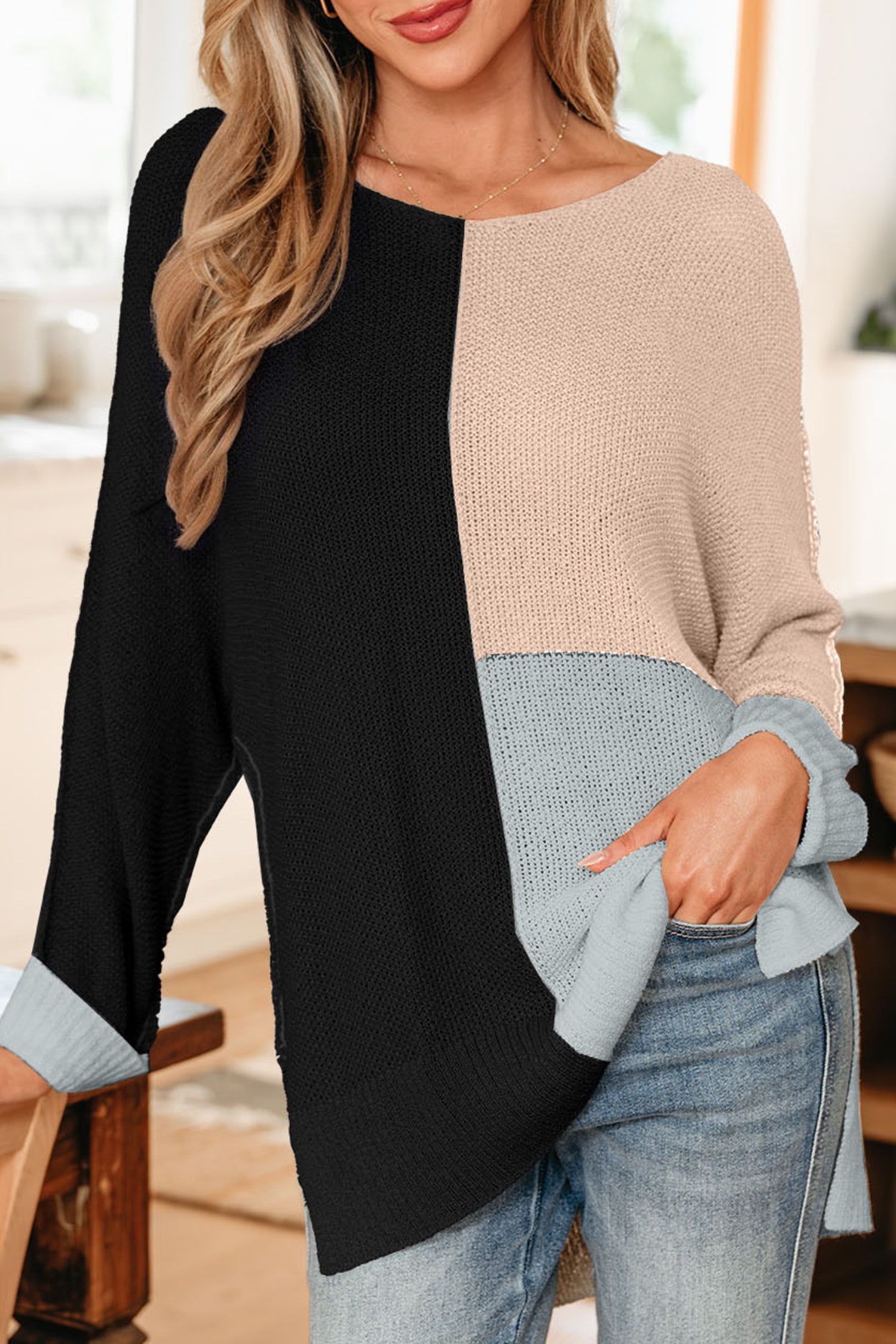 Black Color Block Knit V Neck Loose Sweater-TOPS / DRESSES-[Adult]-[Female]-2022 Online Blue Zone Planet