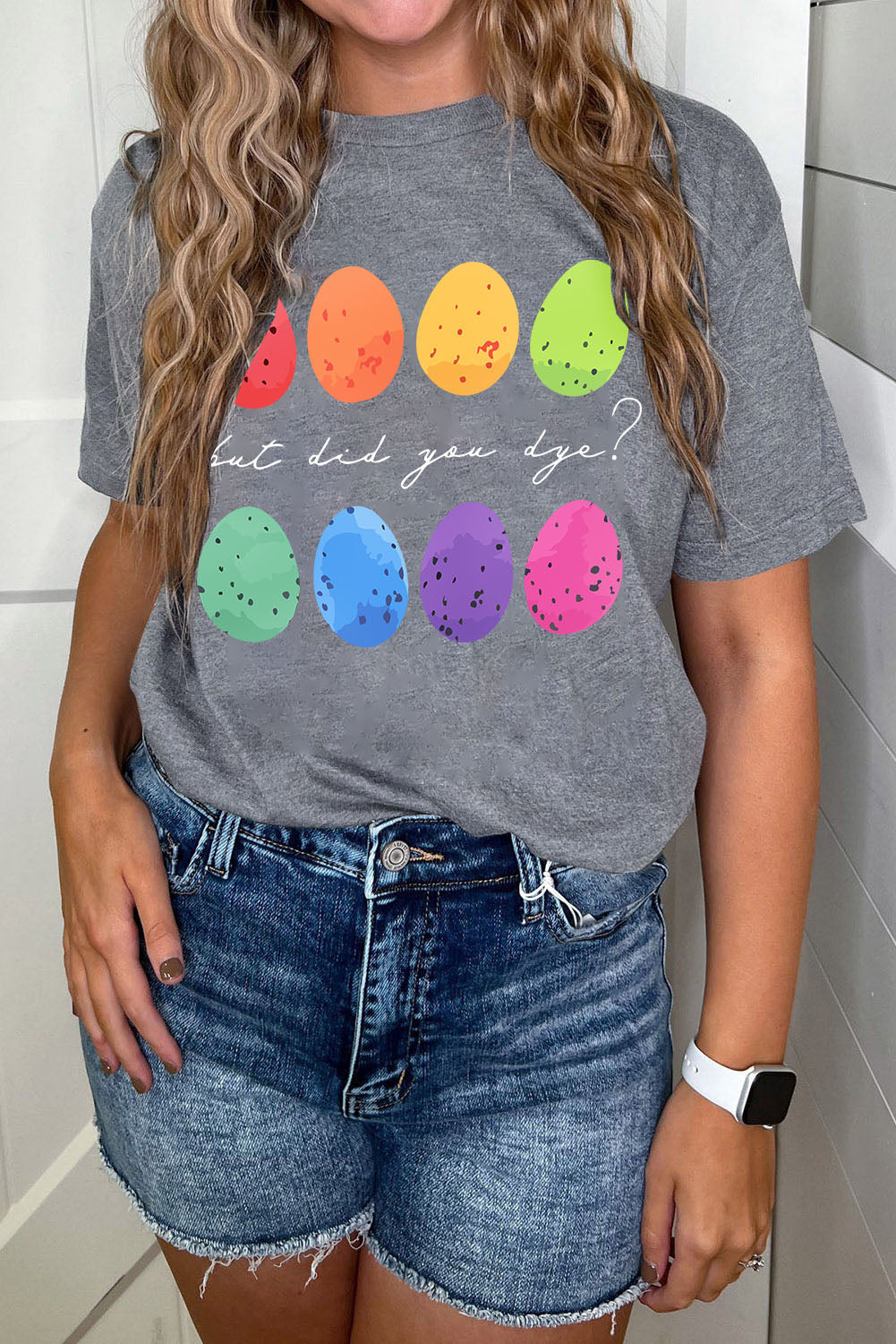 Gray Easter Eggs Print Crew Neck T Shirt-Graphic/Graphic Tees-[Adult]-[Female]-Gray-S-2022 Online Blue Zone Planet