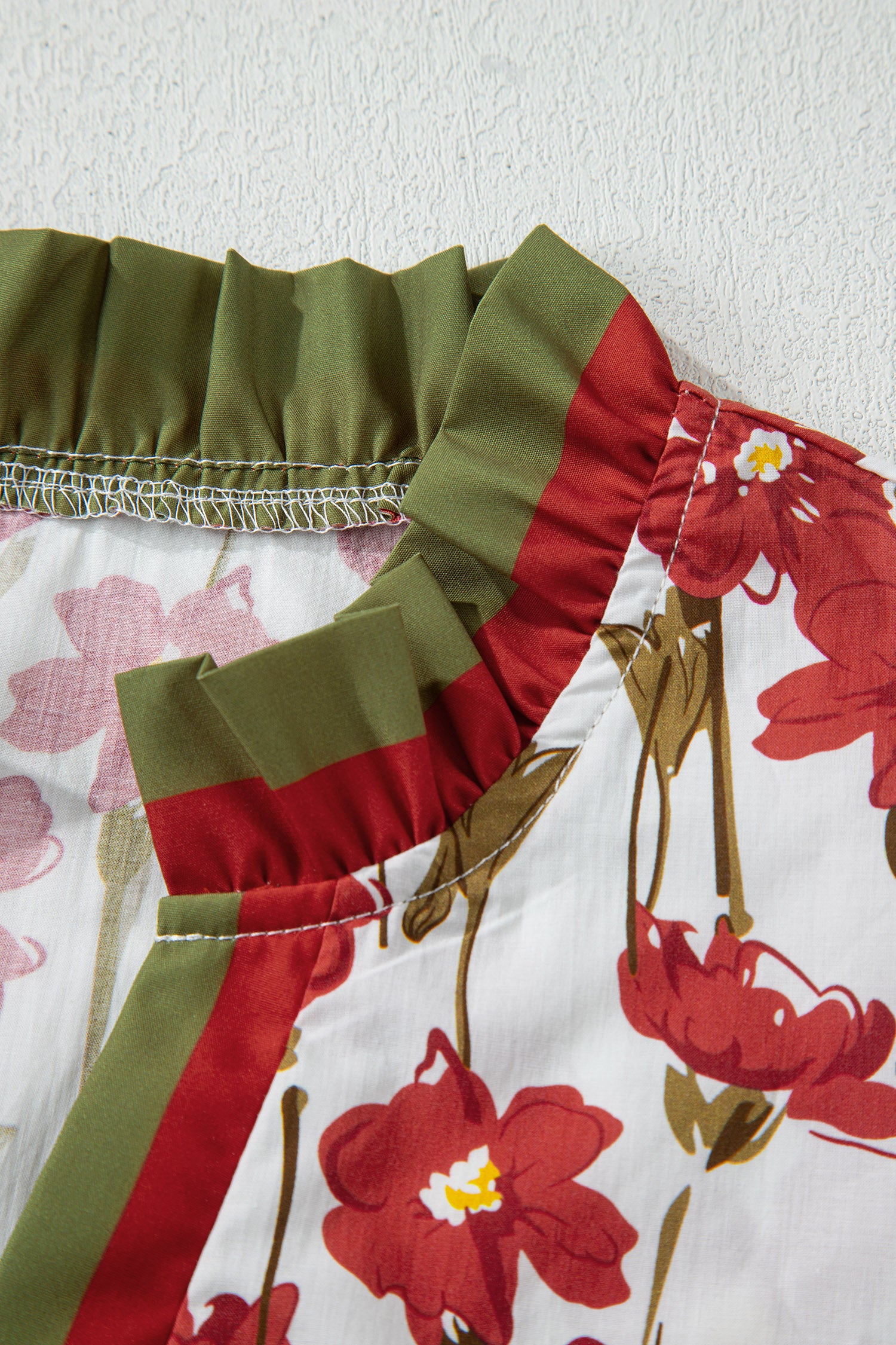 Red Floral Print Contrast Trim V Neck Double Ruffled Short Sleeve Blouse-Tops/Blouses & Shirts-[Adult]-[Female]-2022 Online Blue Zone Planet