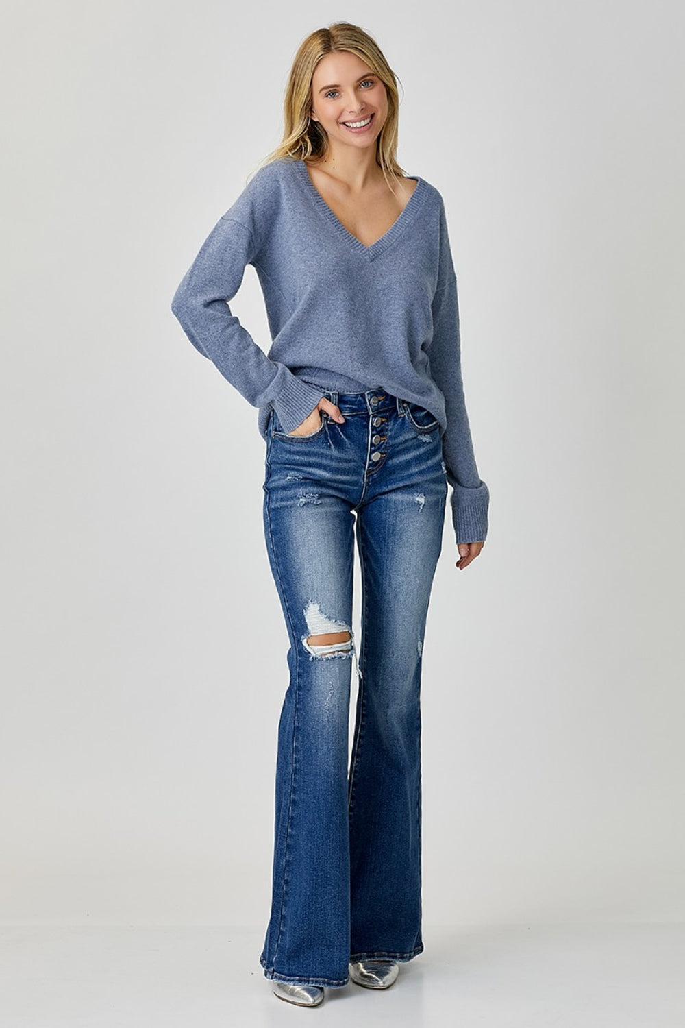 RISEN Distressed Button-Fly Flare Jeans-BOTTOMS SIZES SMALL MEDIUM LARGE-[Adult]-[Female]-2022 Online Blue Zone Planet