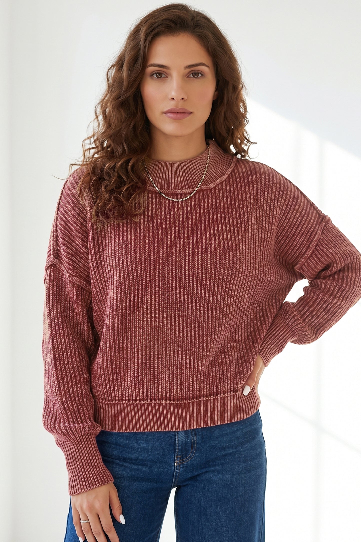 Red Dahlia Drop Shoulder High Neck Ribbed Sweater-Sweaters & Cardigans/Sweaters-[Adult]-[Female]-2022 Online Blue Zone Planet