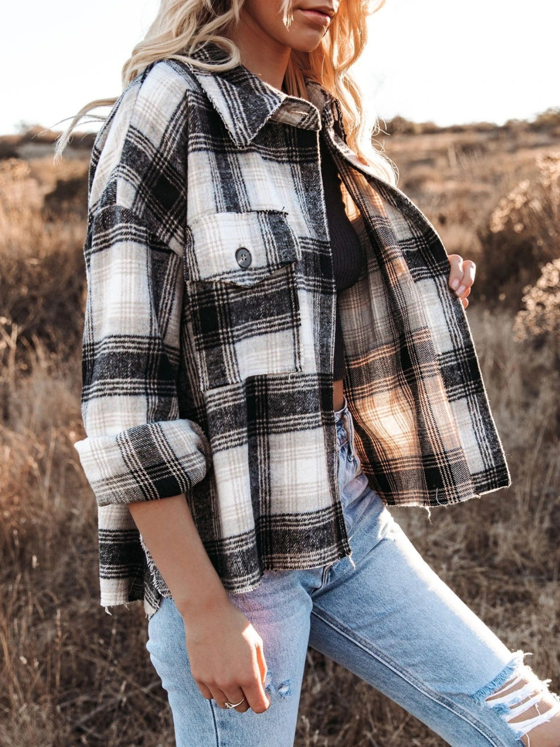 Pocketed Plaid Button Down Long Sleeve Shacket-TOPS / DRESSES-[Adult]-[Female]-2022 Online Blue Zone Planet