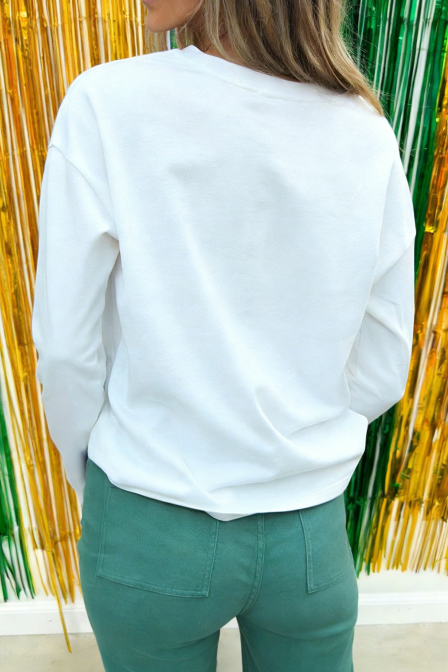 White Embroidered Lucky Clover Graphic Long Sleeve Top-Graphic Long Sleeve Tees-[Adult]-[Female]-2022 Online Blue Zone Planet