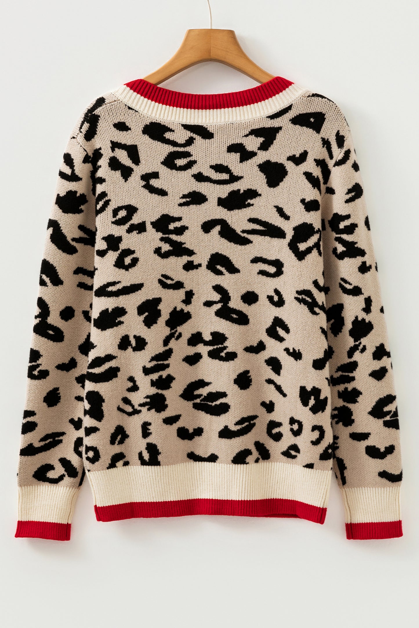 Khaki Leopard Pattern V-Neck Contrast Rib Knitted Sweater-TOPS / DRESSES-[Adult]-[Female]-2022 Online Blue Zone Planet