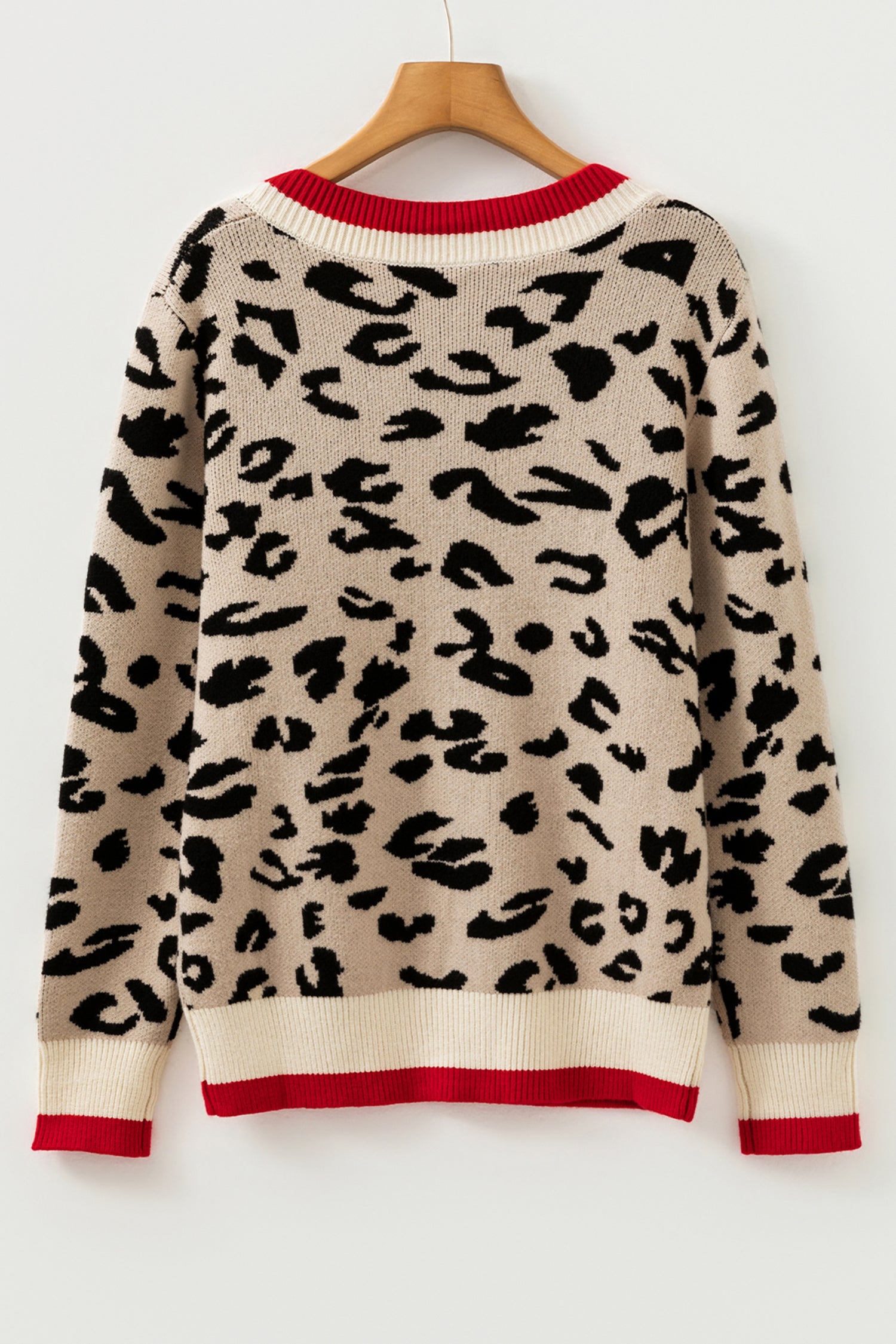 Khaki Leopard Pattern V-Neck Contrast Rib Knitted Sweater-TOPS / DRESSES-[Adult]-[Female]-2022 Online Blue Zone Planet