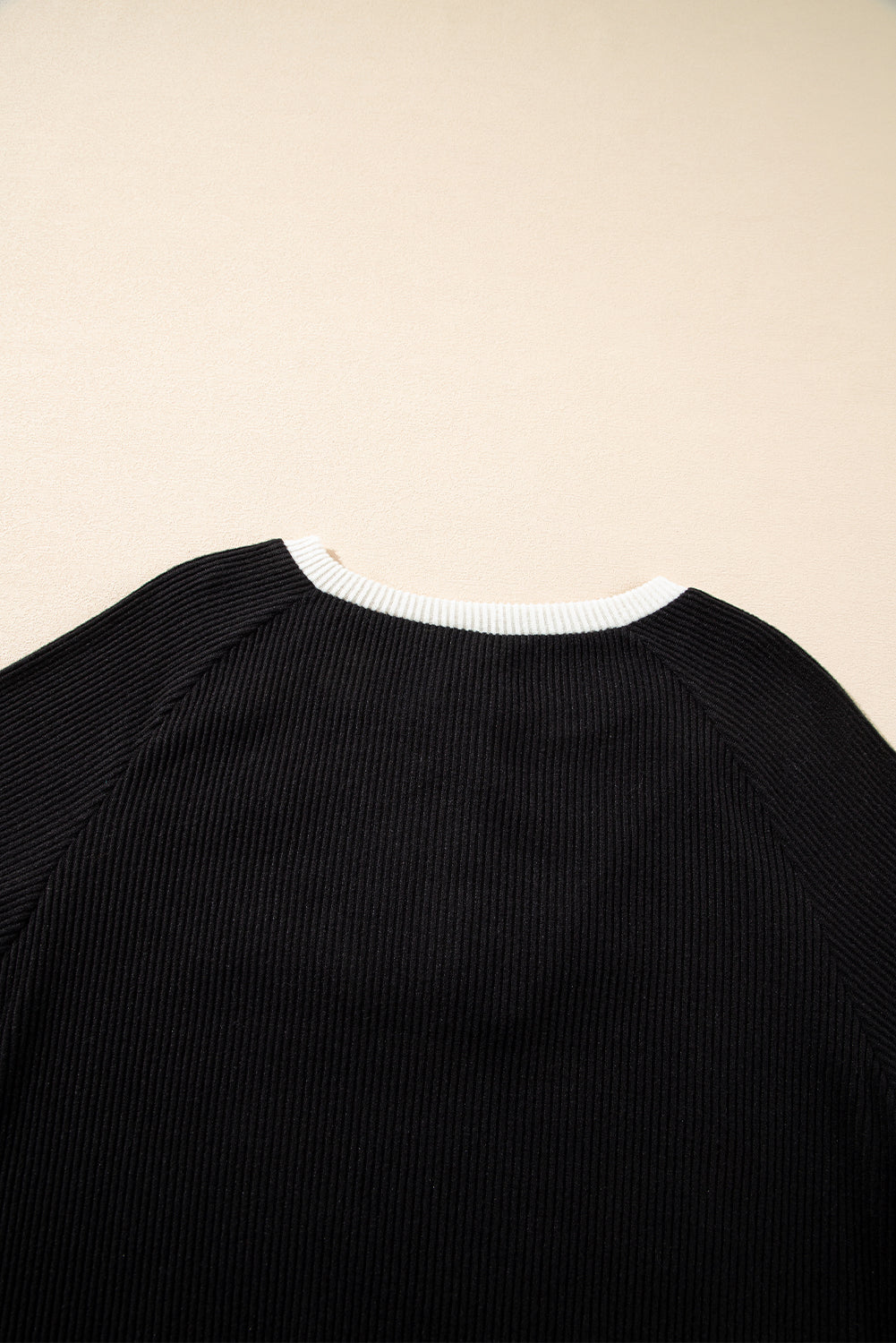 Blue Zone Planet | Black Color Contrast Ribbed Loose Fit Long Sleeve Top-Tops/Long Sleeve Tops-[Adult]-[Female]-2022 Online Blue Zone Planet