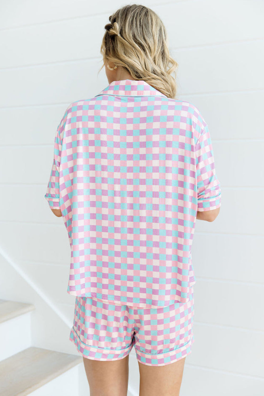 Purple Checkered Pattern Short Sleeve Pajama Set-Loungewear Set-[Adult]-[Female]-2022 Online Blue Zone Planet