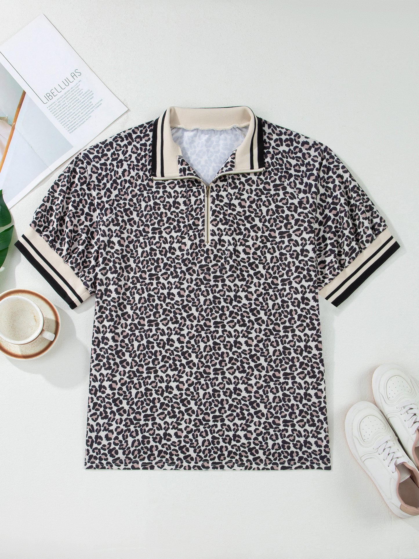 Brown Plus Size Leopard Print Striped Webbing Patchwork Half Zip Blouse-Plus Size/Plus Size Tops/Plus Size Blouses & Shirts-[Adult]-[Female]-2022 Online Blue Zone Planet