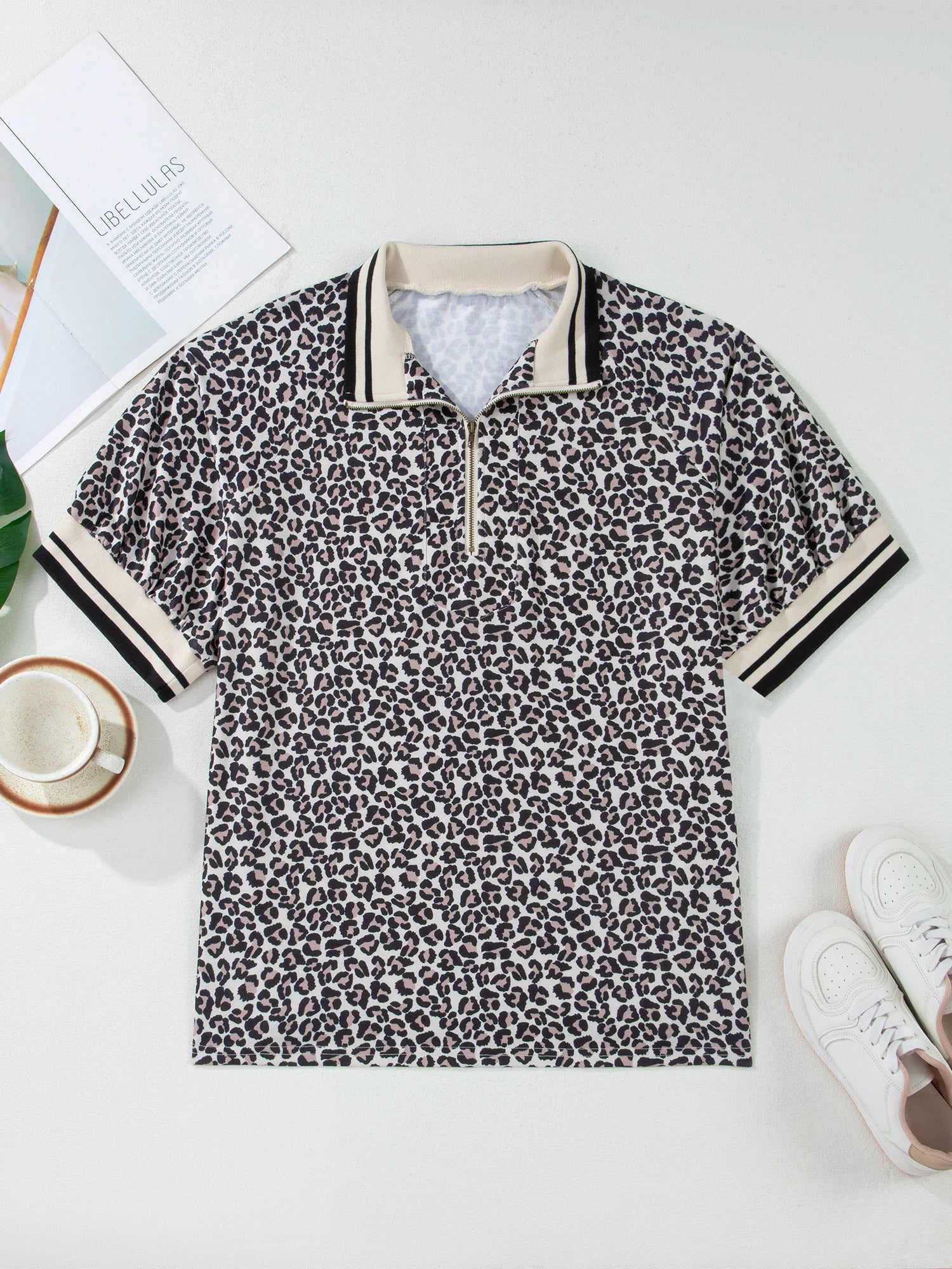 Brown Plus Size Leopard Print Striped Webbing Patchwork Half Zip Blouse-Plus Size/Plus Size Tops/Plus Size Blouses & Shirts-[Adult]-[Female]-2022 Online Blue Zone Planet