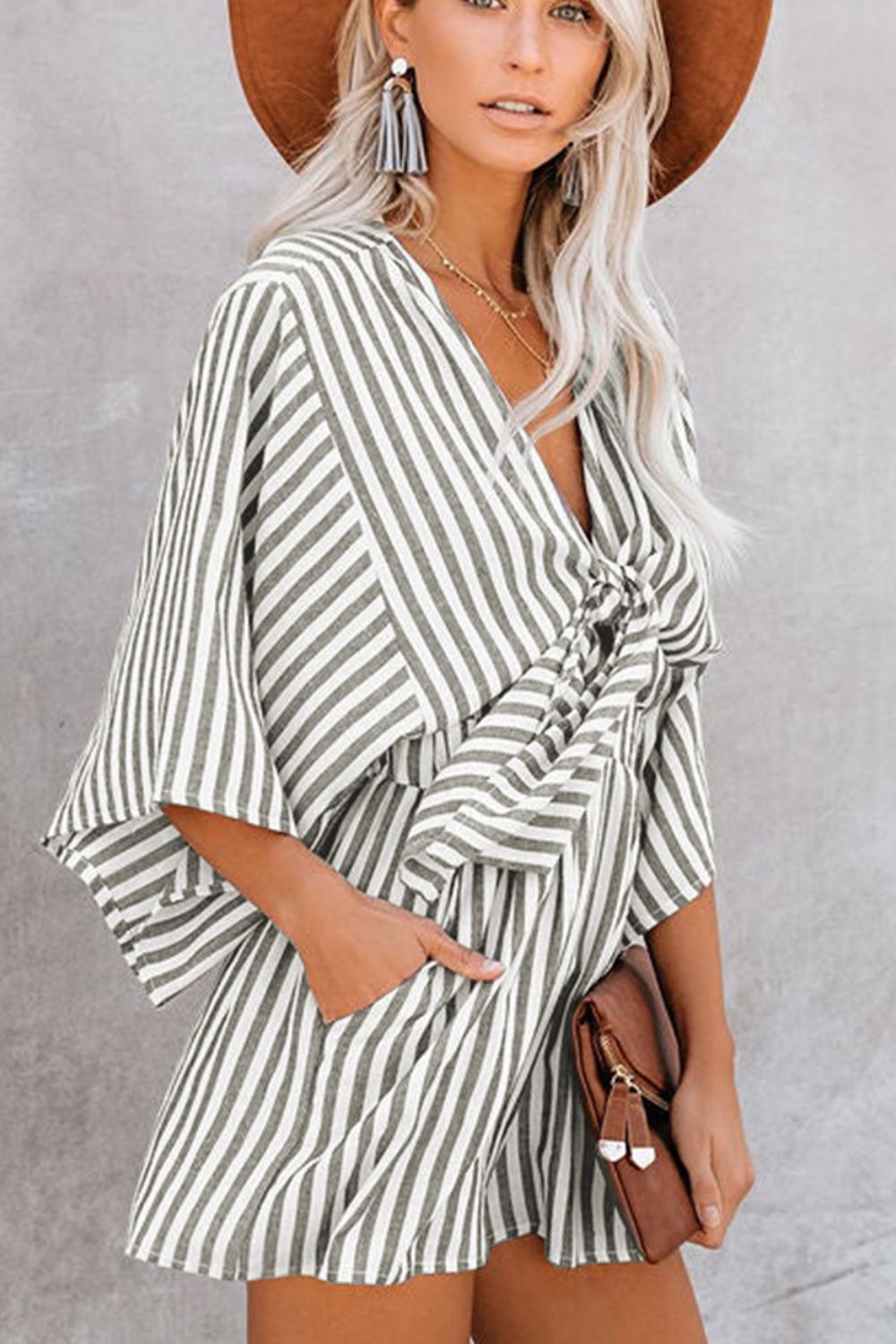 Blue Zone Planet | Bow Striped Kimono Sleeve Romper-TOPS / DRESSES-[Adult]-[Female]-2022 Online Blue Zone Planet