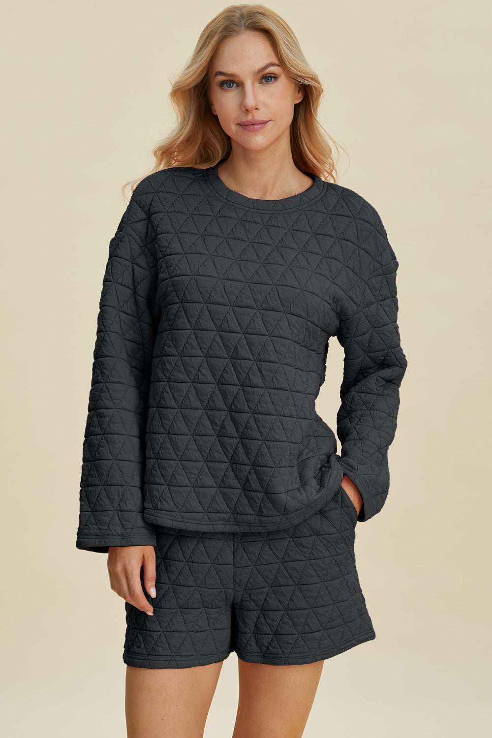 Blue Zone Planet | Double Take Full Size Texture Round Neck Long Sleeve Top and Shorts Set-TOPS / DRESSES-[Adult]-[Female]-Black-S-2022 Online Blue Zone Planet