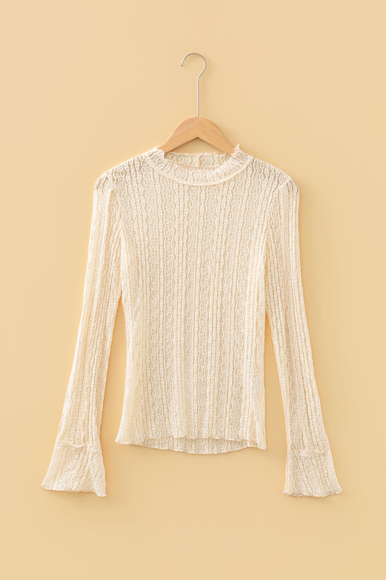 Apricot Flounced Long Sleeve Mock Neck Sheer Lace Top-Tops/Long Sleeve Tops-[Adult]-[Female]-2022 Online Blue Zone Planet