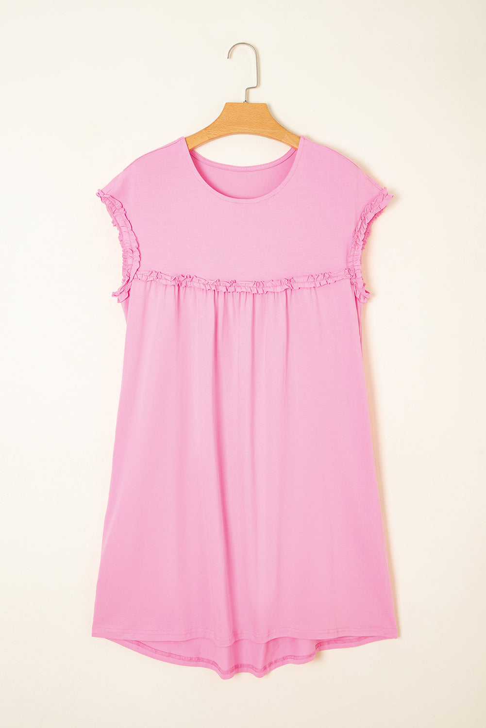 Pink Frilled Trim Crew Neck Loose Fit Mini Dress-TOPS / DRESSES-[Adult]-[Female]-2022 Online Blue Zone Planet