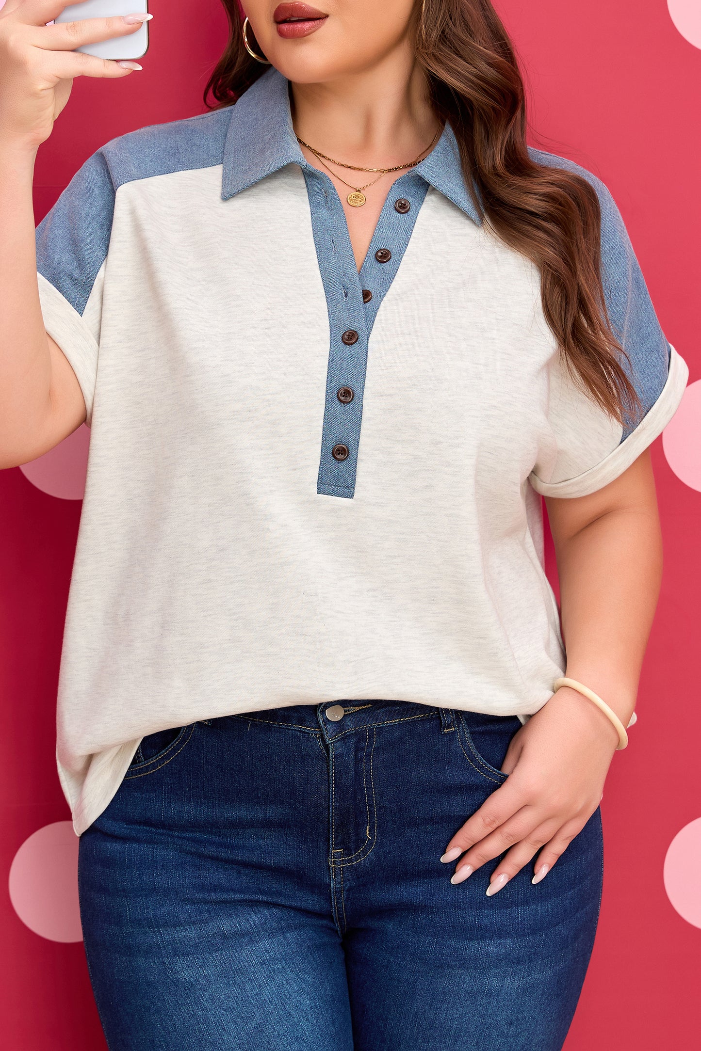 Beige Plus Size Contrast Denim Patchwork Cuffed Sleeve Polo Tee-Plus Size/Plus Size Tops/Plus Size Tops & Tees-[Adult]-[Female]-2022 Online Blue Zone Planet
