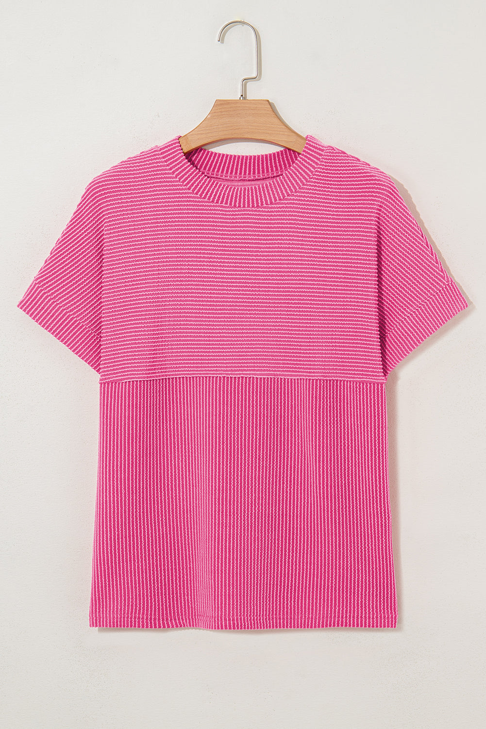 Bright Pink Plain Corded Knit Mock Neck T Shirt-Tops/Tops & Tees-[Adult]-[Female]-2022 Online Blue Zone Planet
