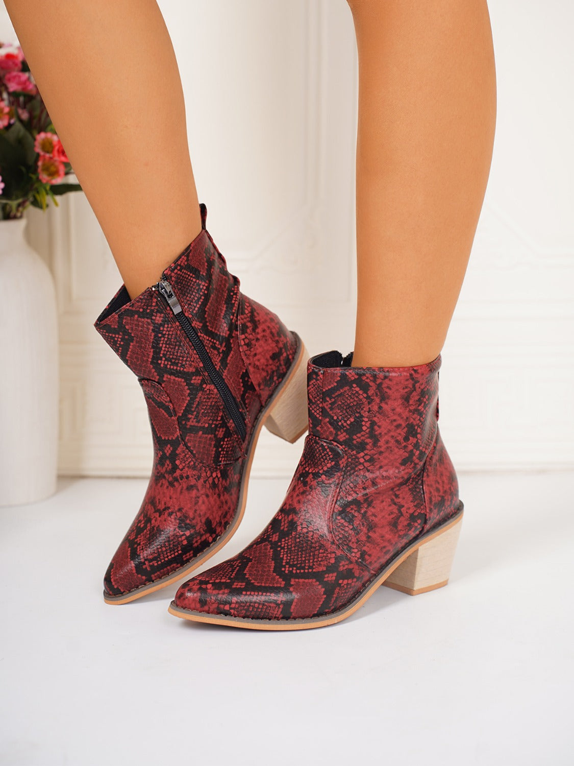 PU Leather Snakeskin Print Block Heel Boots-BOOTS-[Adult]-[Female]-Scarlet-35(US4)-2022 Online Blue Zone Planet