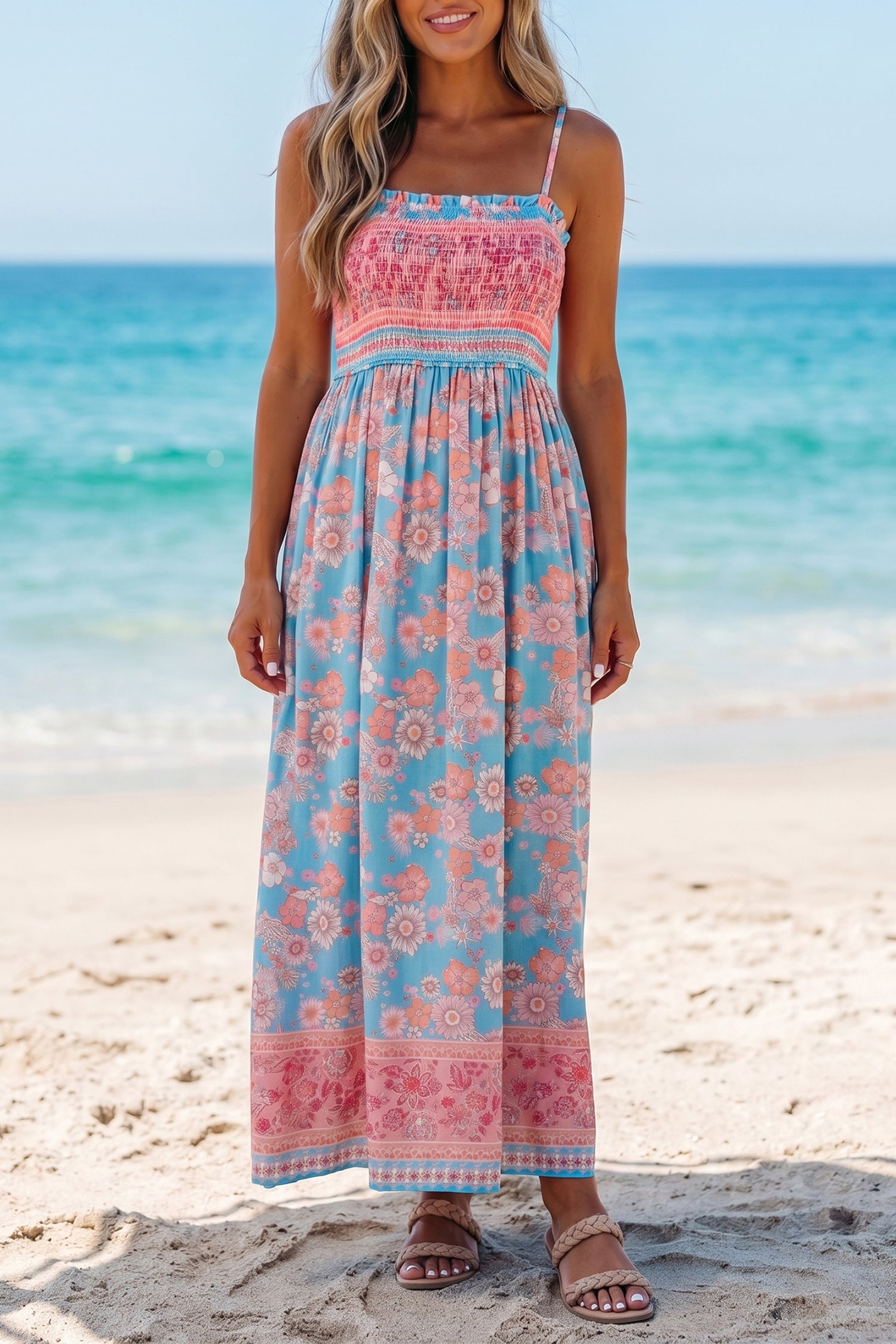 Sky Blue Bohemian Ethnic Print Spaghetti Straps Vacation Maxi Dress-TOPS / DRESSES-[Adult]-[Female]-2022 Online Blue Zone Planet