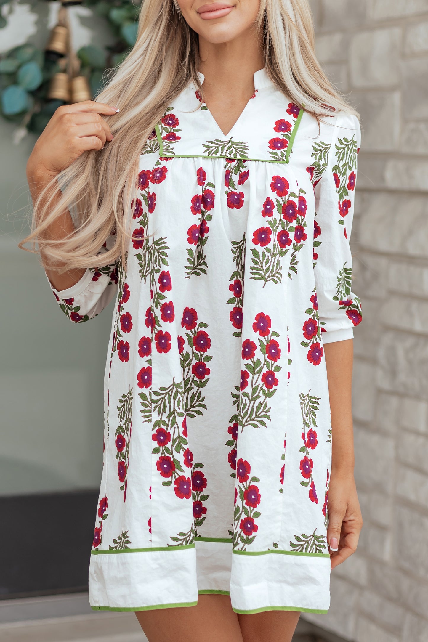 White Frilled V Neck 3/4 Sleeve Loose Floral Dress-TOPS / DRESSES-[Adult]-[Female]-2022 Online Blue Zone Planet