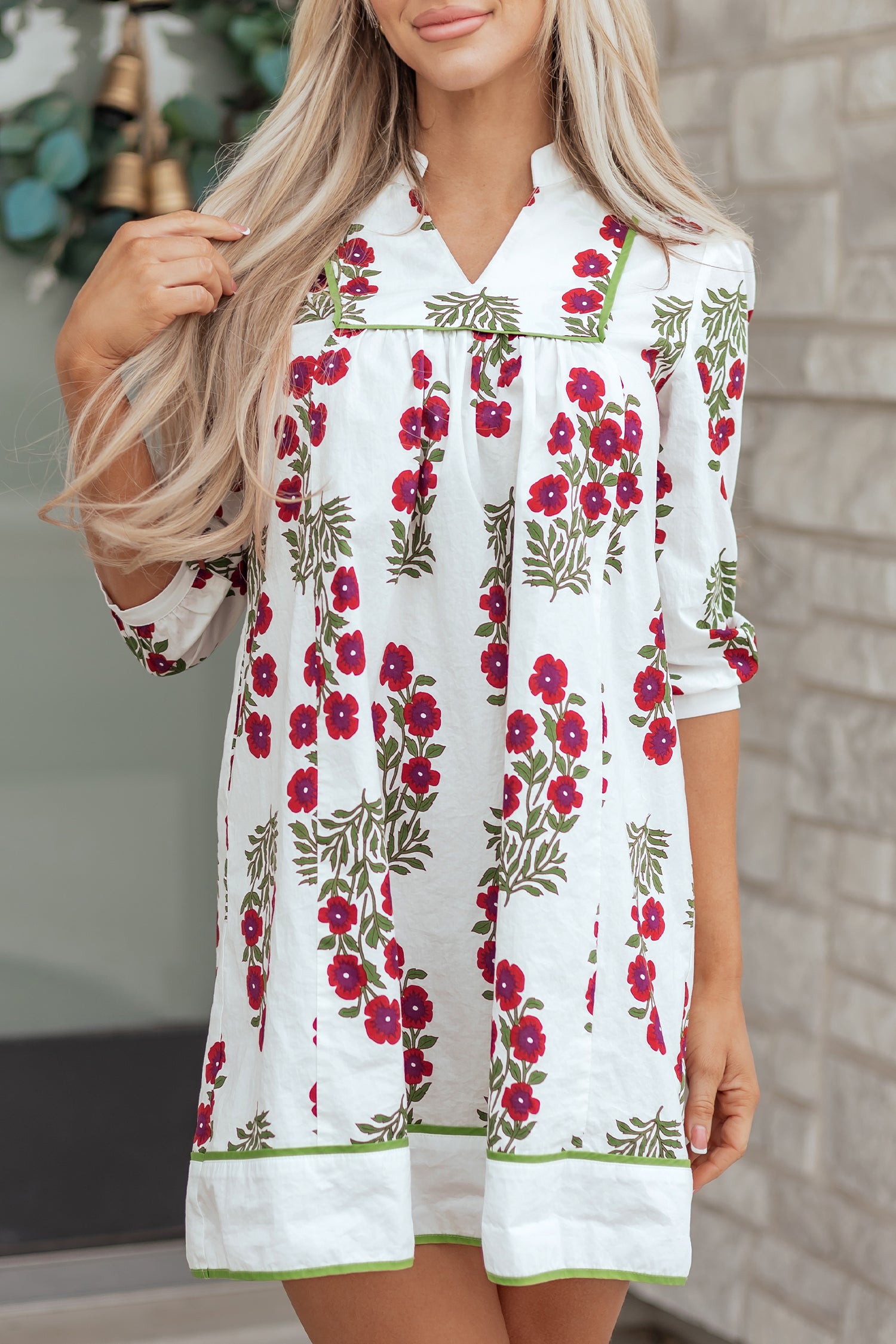 White Frilled V Neck 3/4 Sleeve Loose Floral Dress-TOPS / DRESSES-[Adult]-[Female]-2022 Online Blue Zone Planet