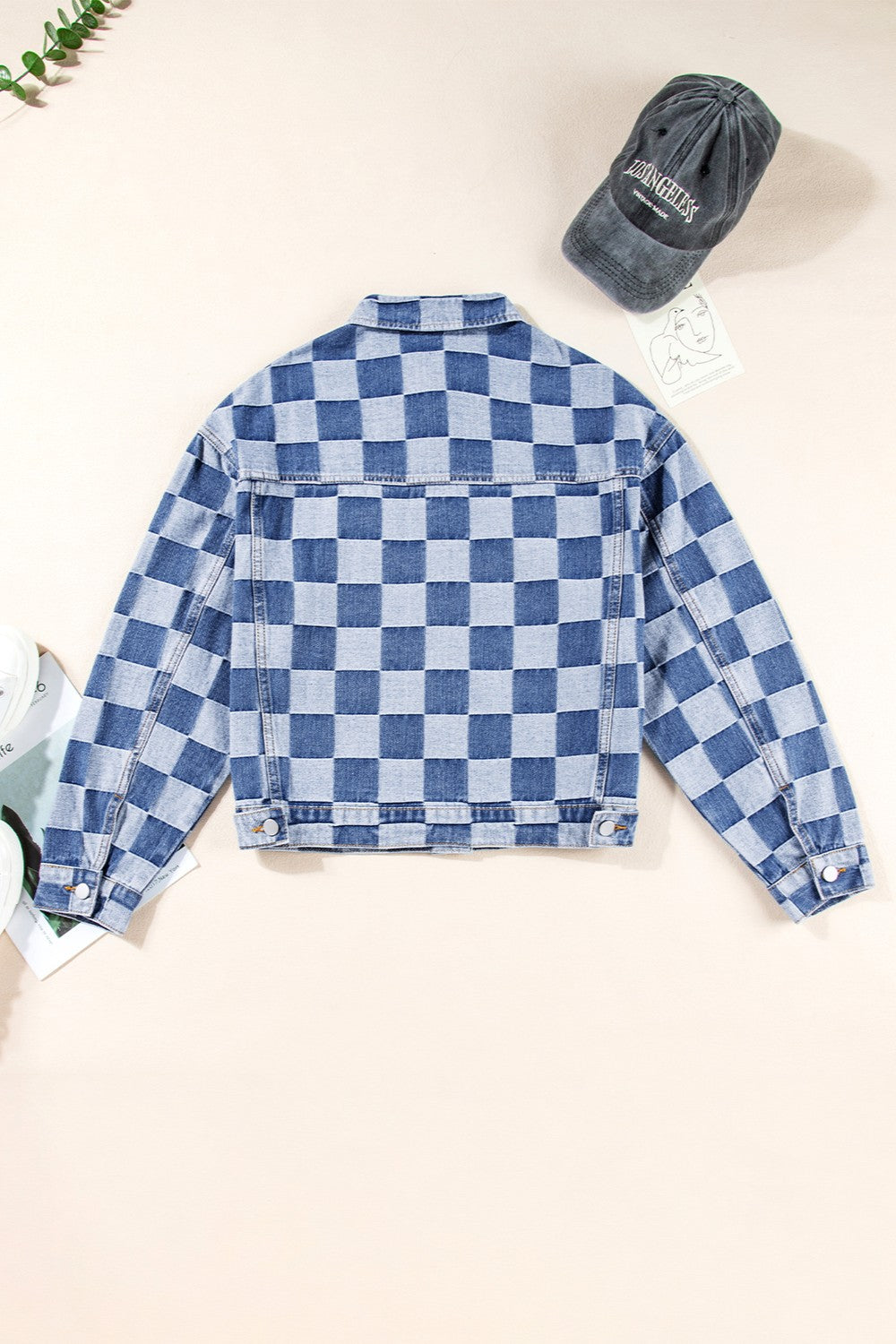 Blue Zone Planet | Checkered Button Up Long Sleeve Denim Jacket-TOPS / DRESSES-[Adult]-[Female]-2022 Online Blue Zone Planet