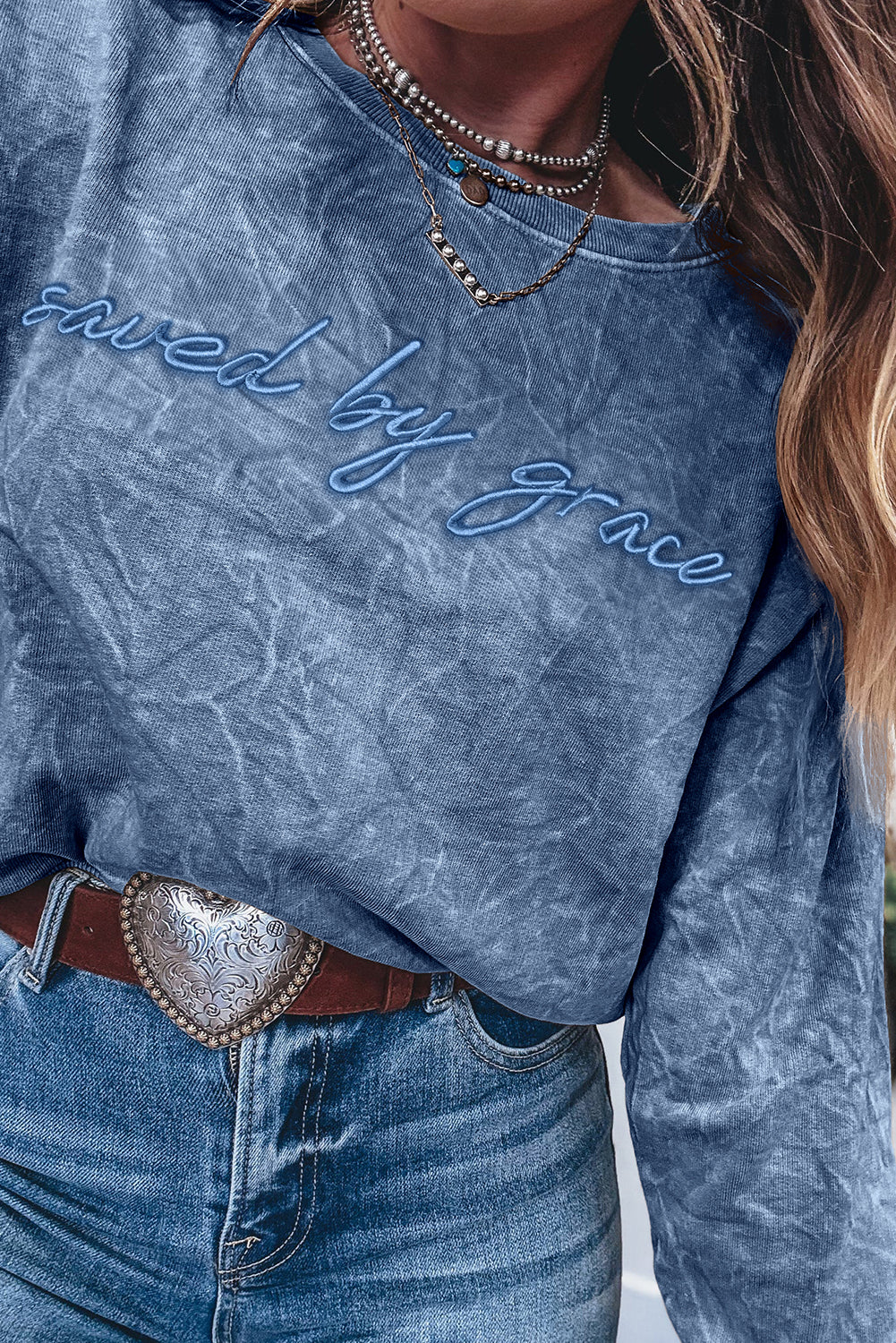 Real Teal Saved By Grace Letter Embroidery Mineral Wash Loose Sweatshirt-Tops/Sweatshirts & Hoodies-[Adult]-[Female]-2022 Online Blue Zone Planet