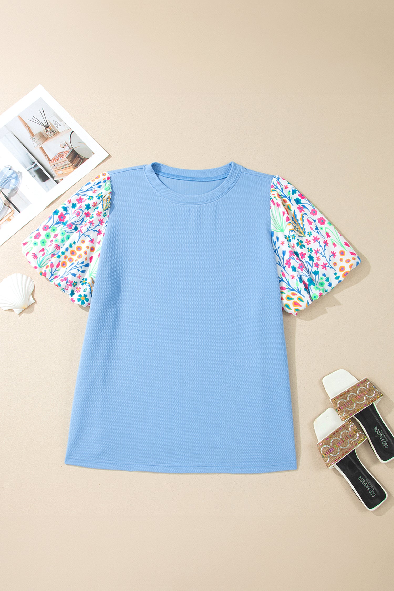 Light Blue Textured Bodice Contrast Floral Sleeve Plus Size Top-Plus Size/Plus Size Tops/Plus Size Blouses & Shirts-[Adult]-[Female]-2022 Online Blue Zone Planet