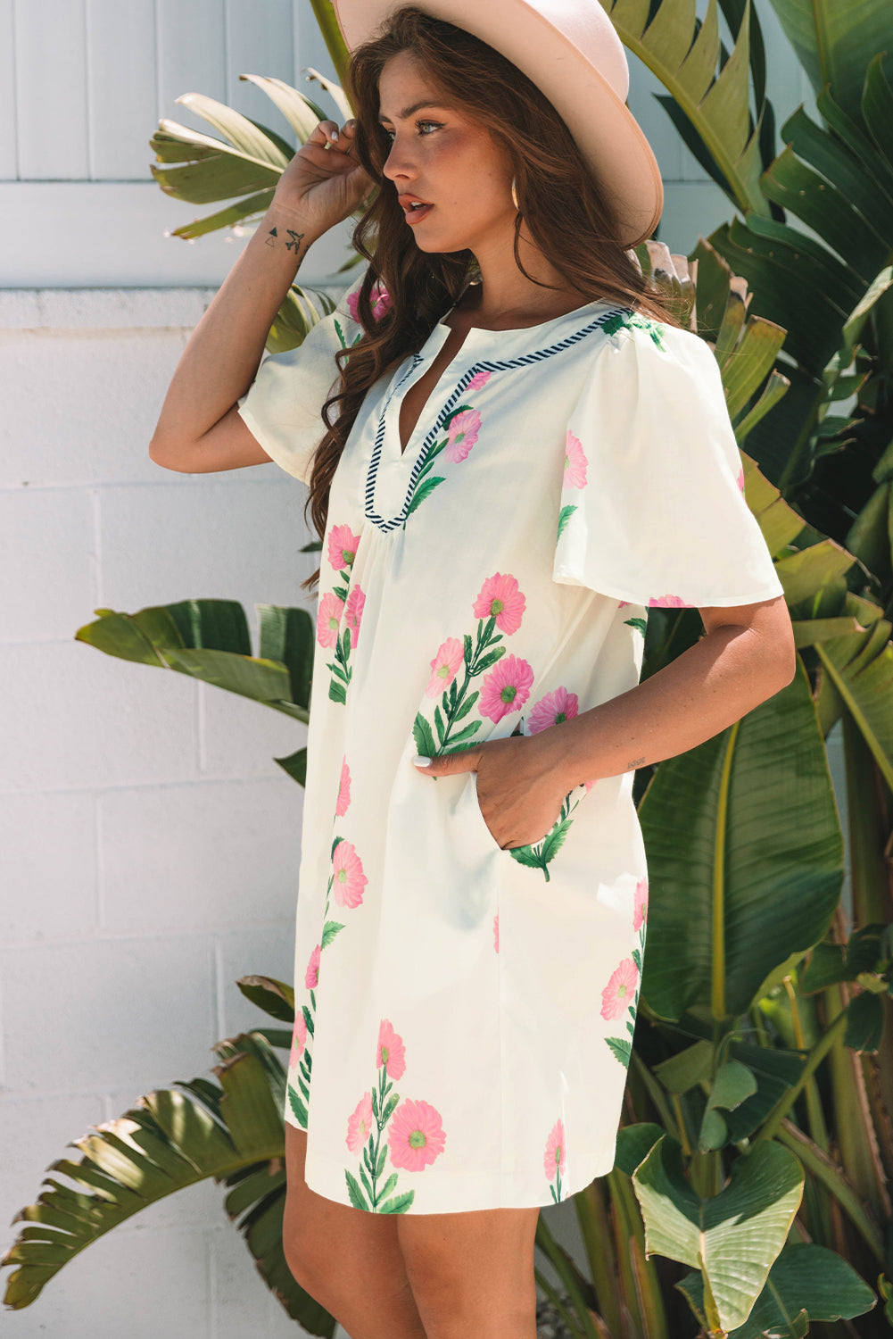 Apricot Floral Short Sleeve Split Neck Loose Mini Dress-TOPS / DRESSES-[Adult]-[Female]-2022 Online Blue Zone Planet