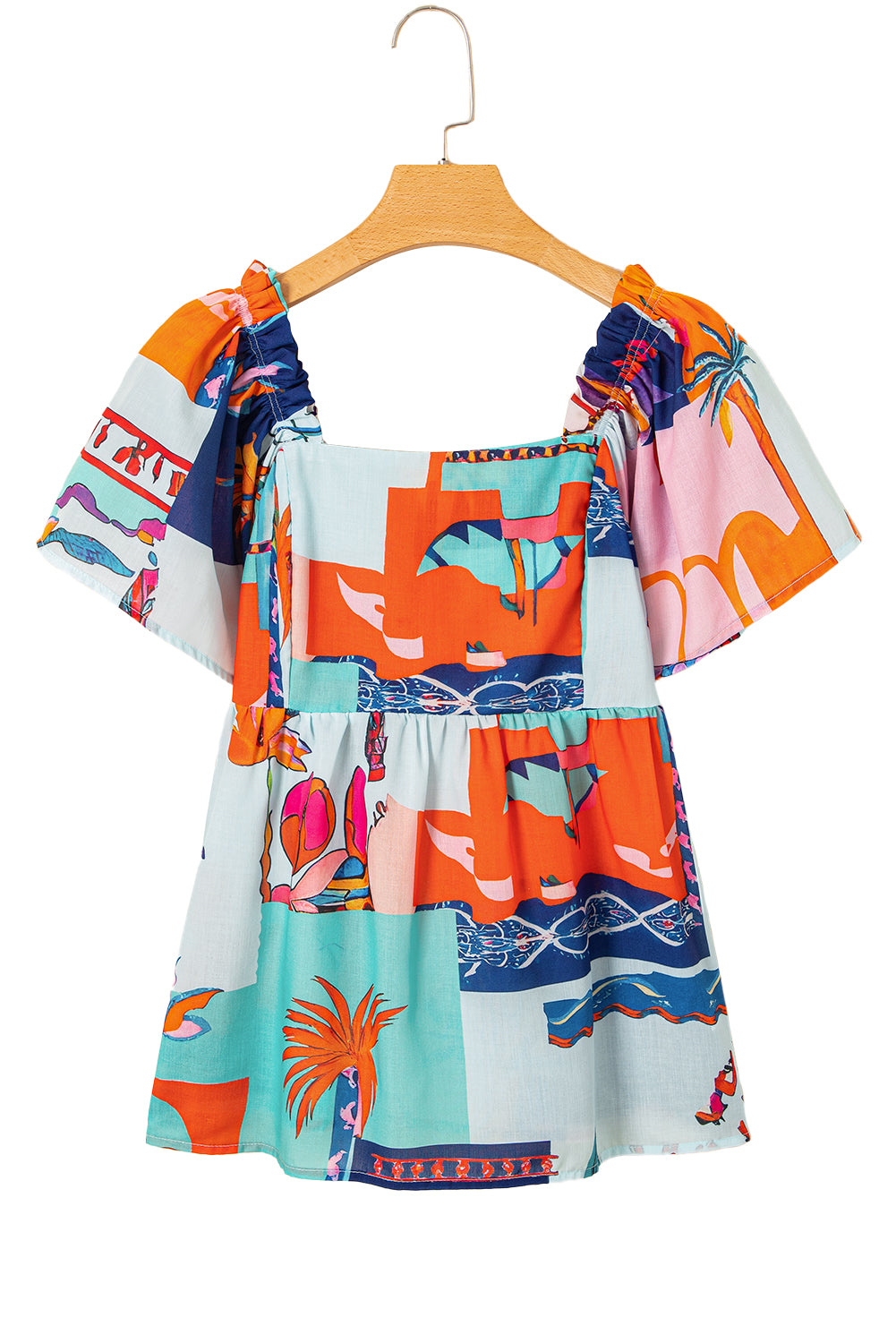 Sky Blue Tropical Printed Square Neck Flutter Sleeve Babydoll Blouse-Tops/Blouses & Shirts-[Adult]-[Female]-2022 Online Blue Zone Planet