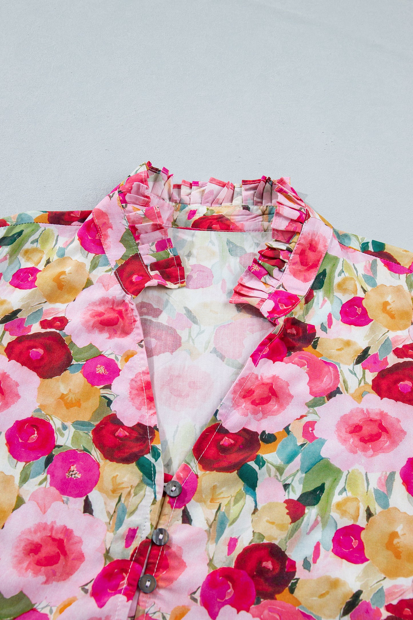 Pink Plus Size Flower Print Split V Neck Puff Short Sleeve Top-Plus Size/Plus Size Tops/Plus Size Blouses & Shirts-[Adult]-[Female]-2022 Online Blue Zone Planet
