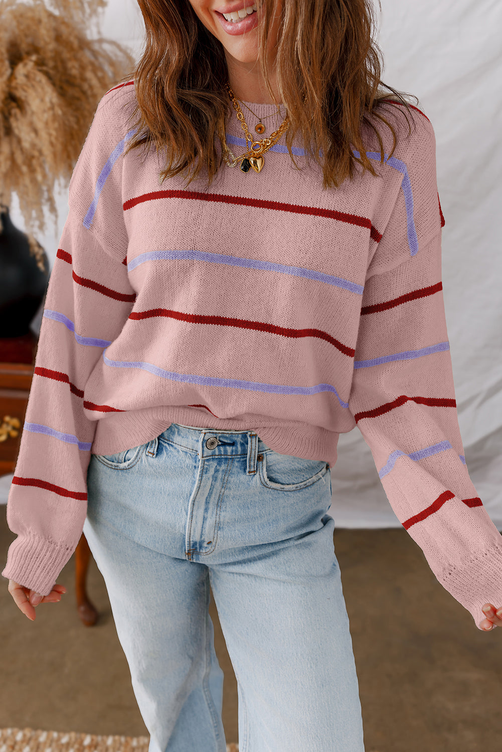 Pink Stripe Ribbed Edge Drop Shoulder Sweater-TOPS / DRESSES-[Adult]-[Female]-Pink Stripe-S-2022 Online Blue Zone Planet