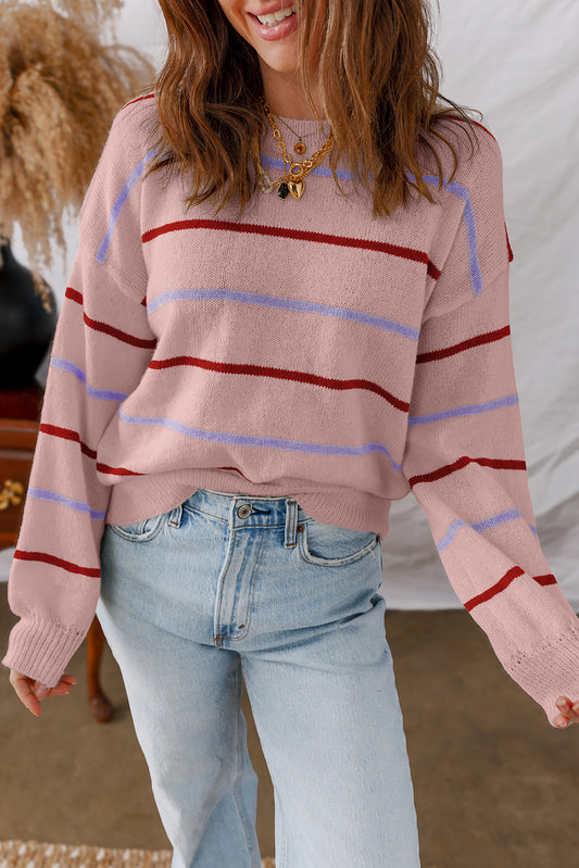 Pink Stripe Ribbed Edge Drop Shoulder Sweater-TOPS / DRESSES-[Adult]-[Female]-Pink Stripe-S-2022 Online Blue Zone Planet