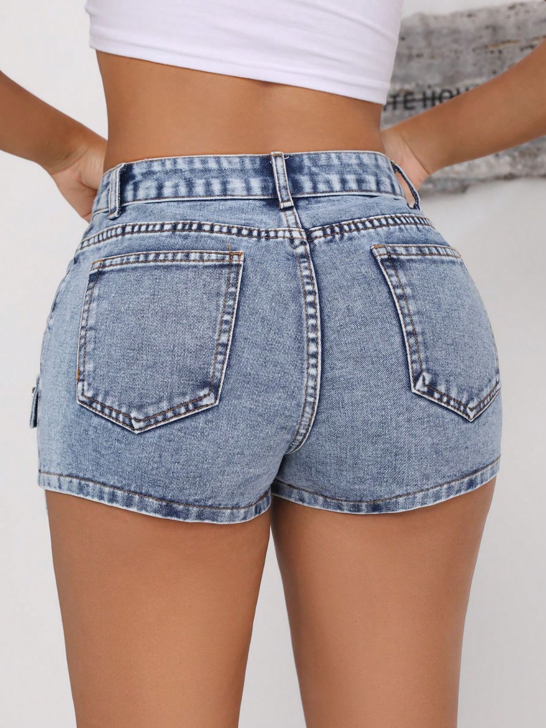 Mid-Rise Waist Denim Shorts with Pockets-BOTTOMS SIZES SMALL MEDIUM LARGE-[Adult]-[Female]-2022 Online Blue Zone Planet