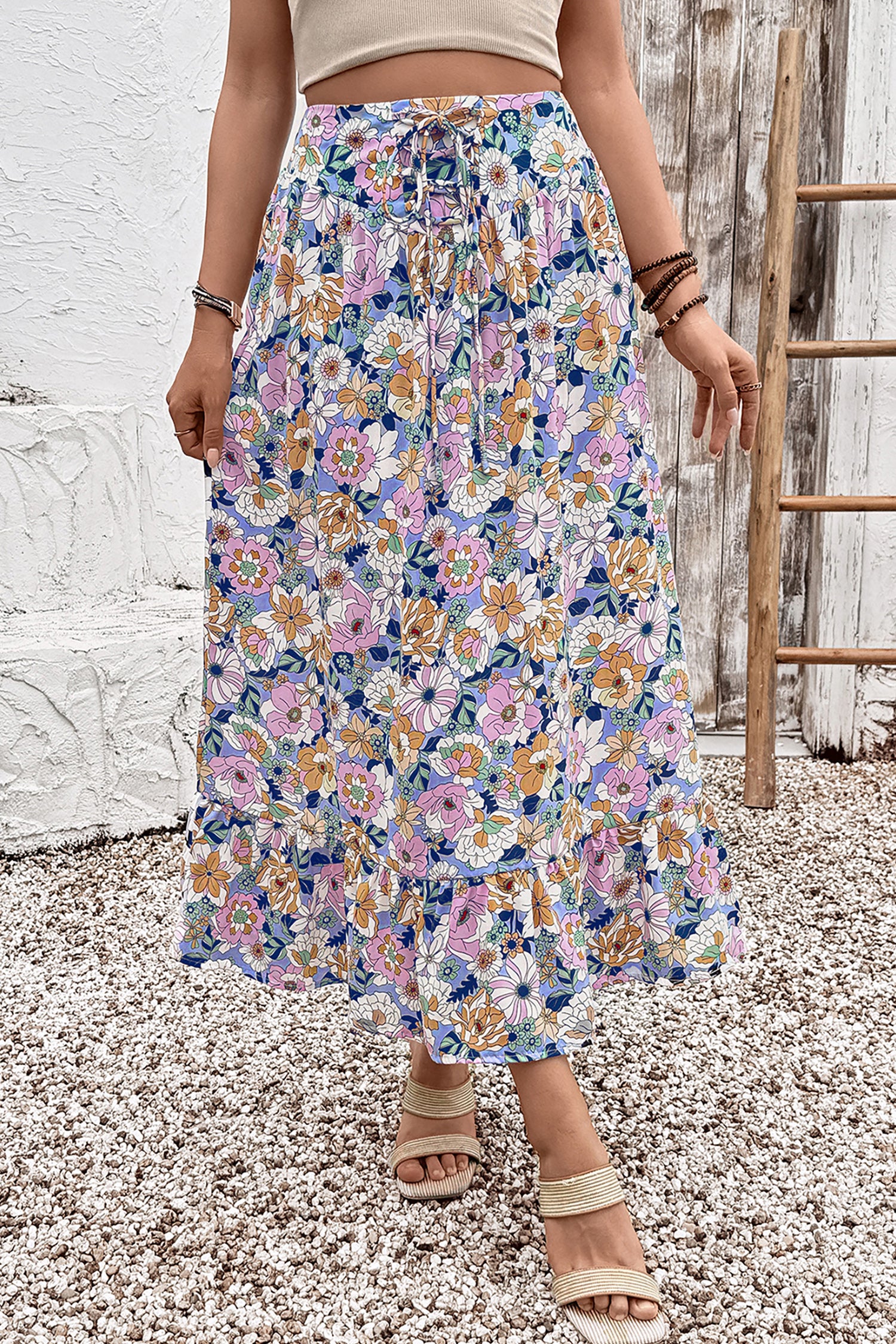 Pink Floral Print Lace-up High Waist Ruffle Hem Maxi Skirt-Bottoms/Skirts & Petticoat-[Adult]-[Female]-2022 Online Blue Zone Planet