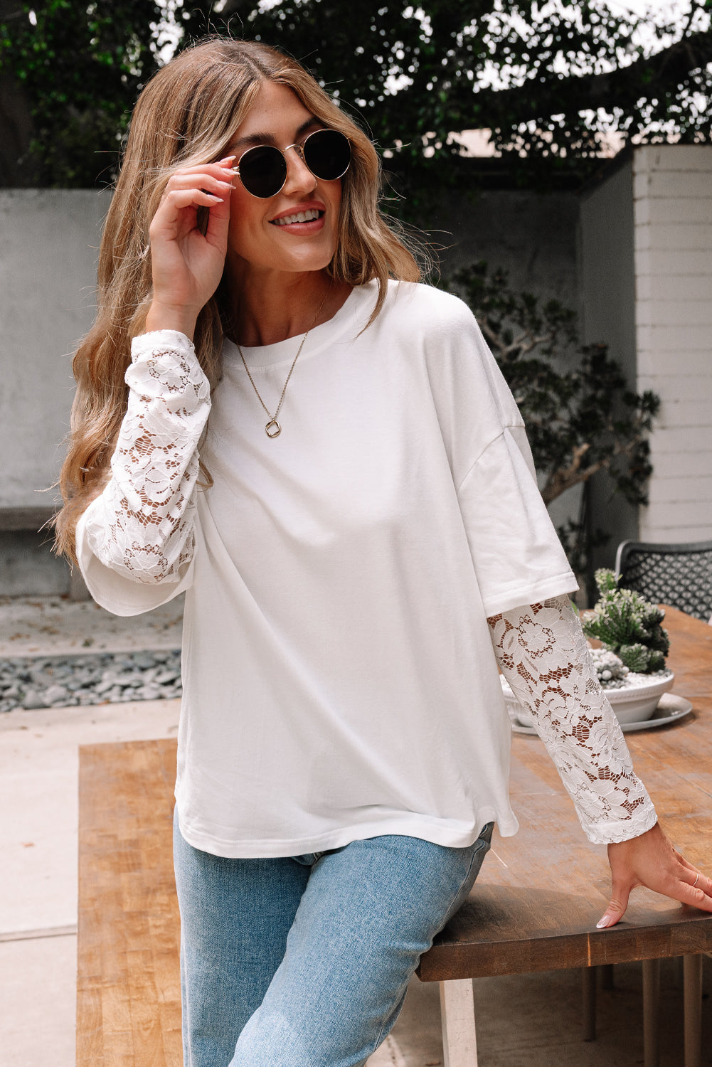 White Lace Long Sleeve Insert Drop Shoulder Tee-Tops/Tops & Tees-[Adult]-[Female]-2022 Online Blue Zone Planet