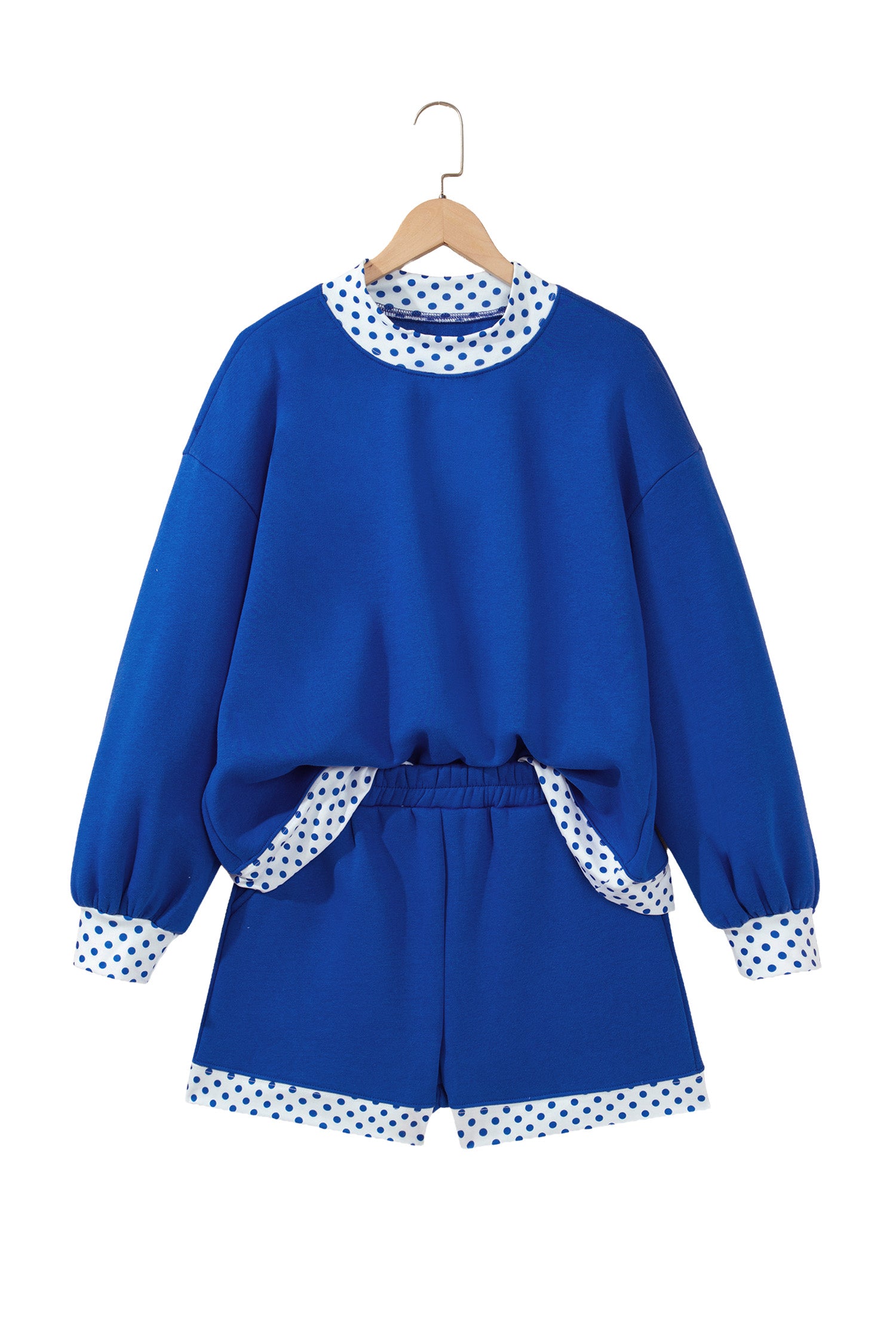 Dark Blue Polka Dot Trim Baggy Pullover 2pcs Short Set-Two Piece Sets/Short Sets-[Adult]-[Female]-2022 Online Blue Zone Planet