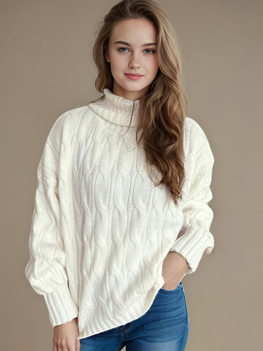 Cable-Knit Turtleneck Long Sleeve Sweater-TOPS / DRESSES-[Adult]-[Female]-White-One Size-2022 Online Blue Zone Planet