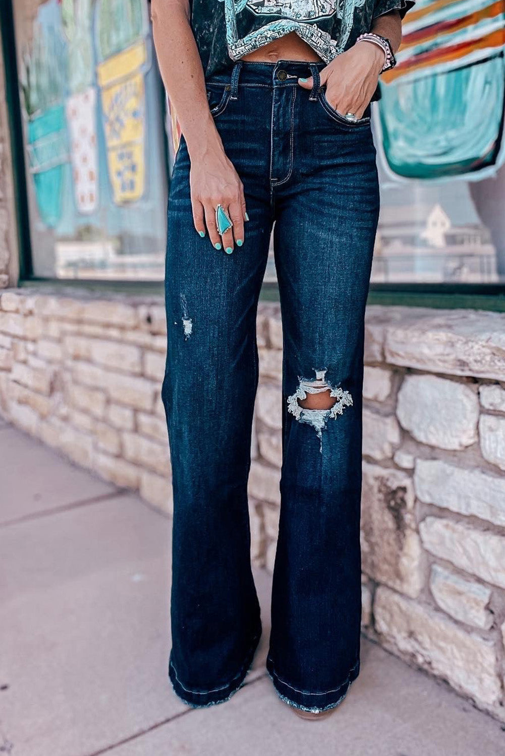 Real Teal High Rise Ripped Bell Bottom Jeans-Sale (50% OFF)/30% OFF-[Adult]-[Female]-2022 Online Blue Zone Planet