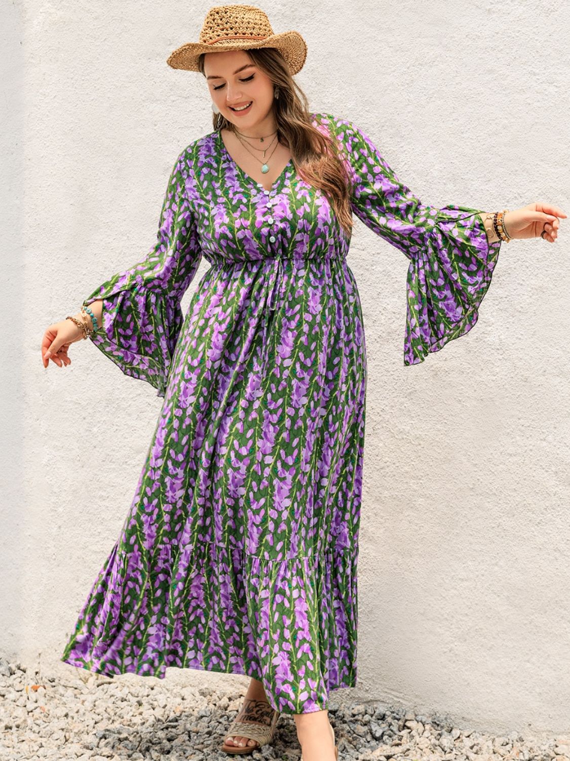 Blue Zone Planet | Plus Size Printed V-Neck Long Sleeve Maxi Dress-TOPS / DRESSES-[Adult]-[Female]-2022 Online Blue Zone Planet