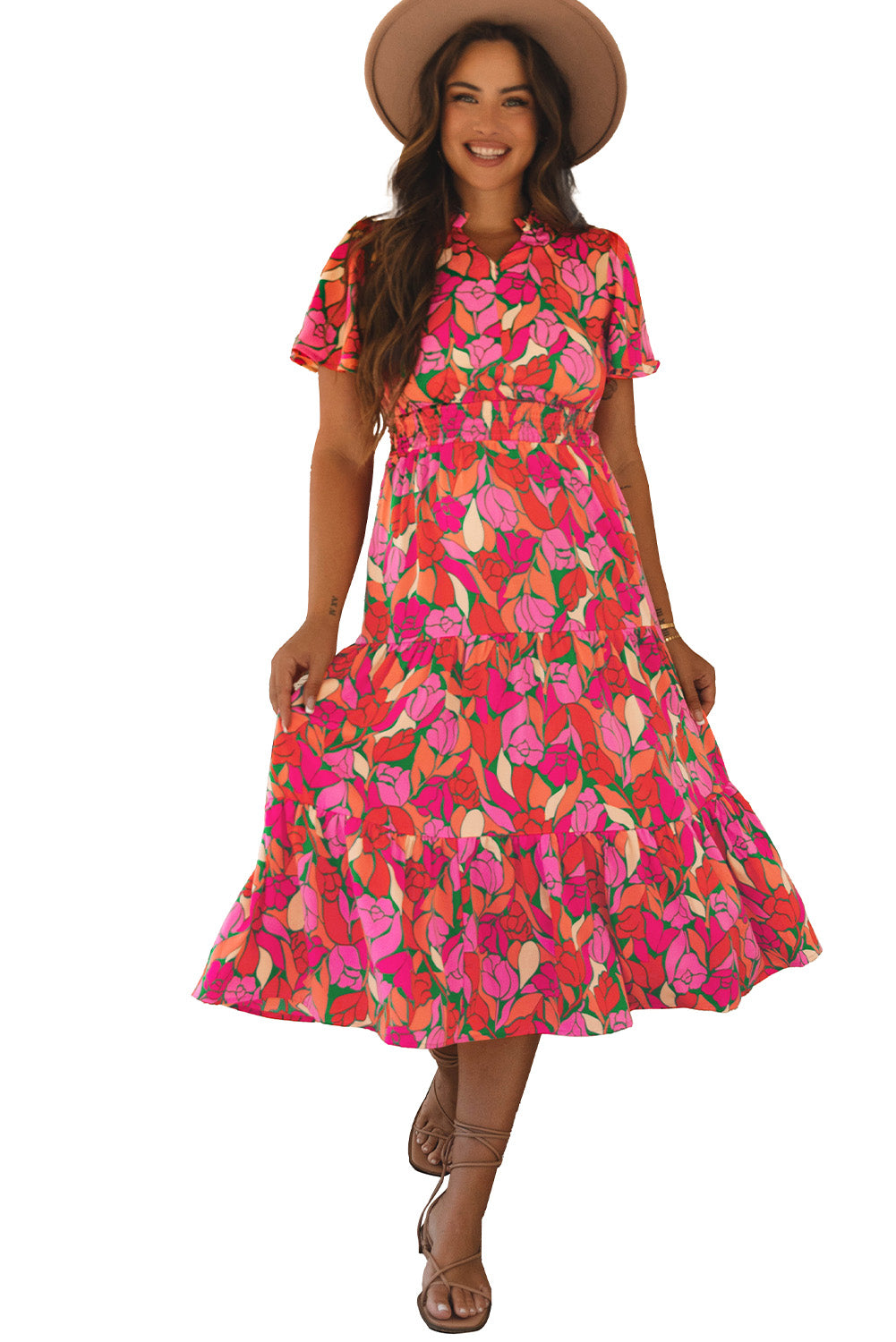 Pink Floral Short Sleeve Smocked Waist Maxi Dress-Dresses/Maxi Dresses-[Adult]-[Female]-2022 Online Blue Zone Planet