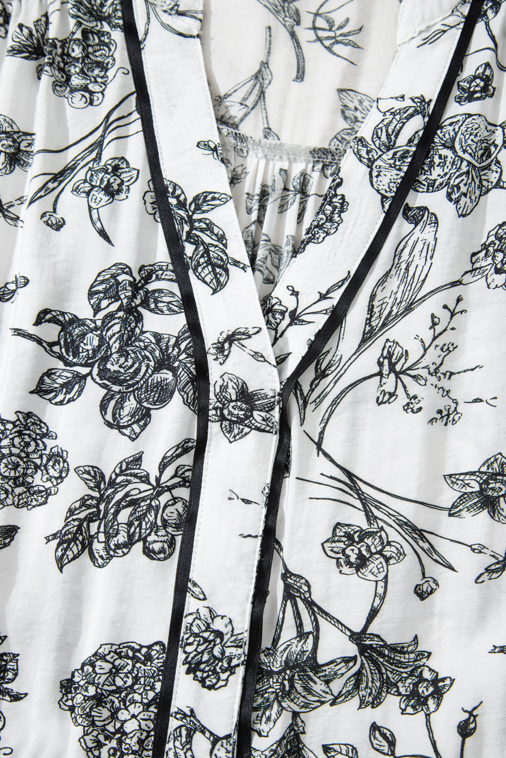 Black Floral Print Piping Trim Notched Neck Ruffle Sleeve Plus Size Long Dress-TOPS / DRESSES-[Adult]-[Female]-2022 Online Blue Zone Planet