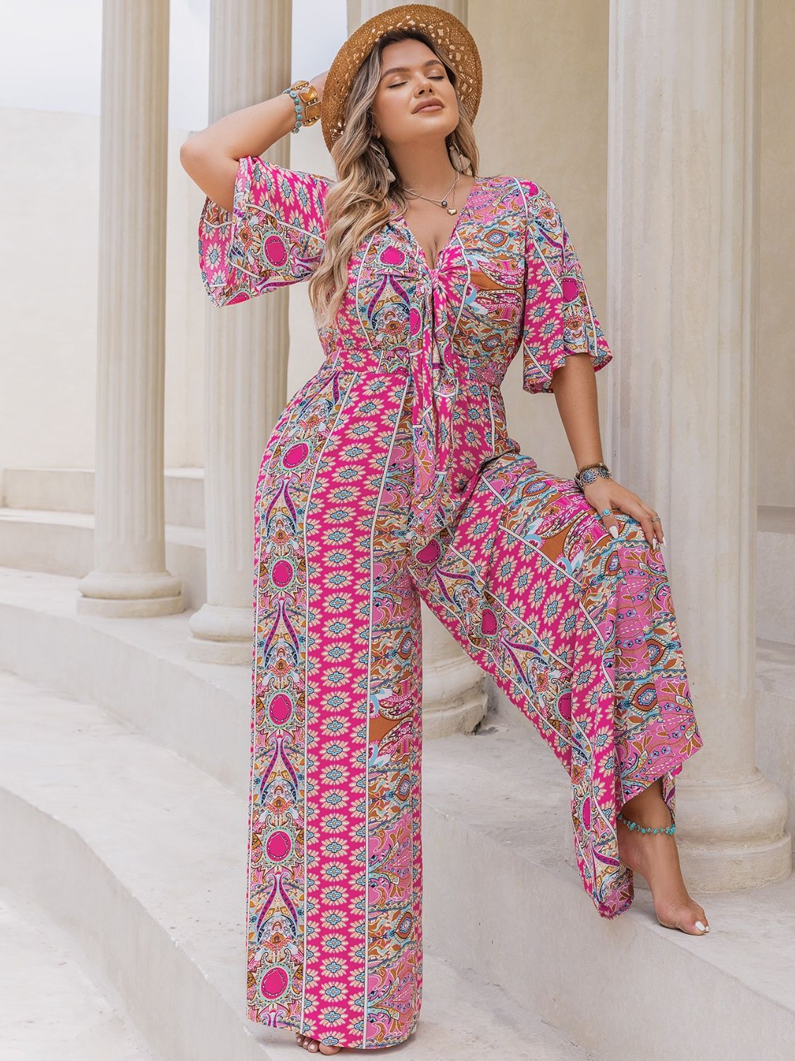 Blue Zone Planet | Plus Size Printed Half Sleeve Wide Leg Jumpsuit-TOPS / DRESSES-[Adult]-[Female]-2022 Online Blue Zone Planet