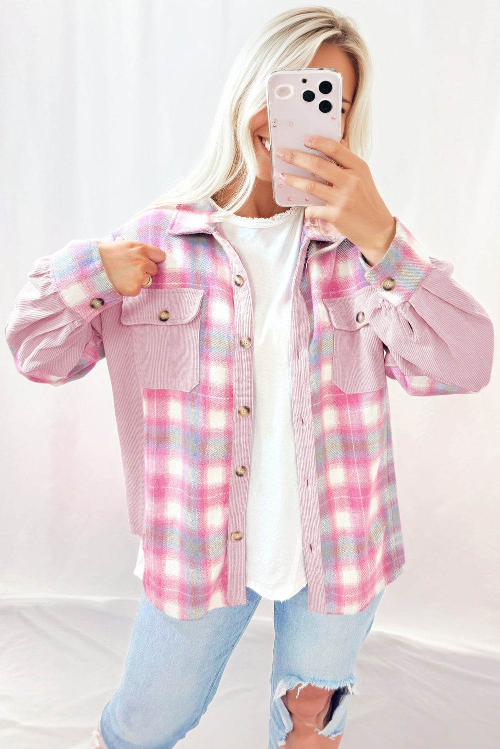 Pink Brushed Plaid Corduroy Flap Pockets Patchwork Shacket-Outerwear/Plaid Shackets-[Adult]-[Female]-2022 Online Blue Zone Planet